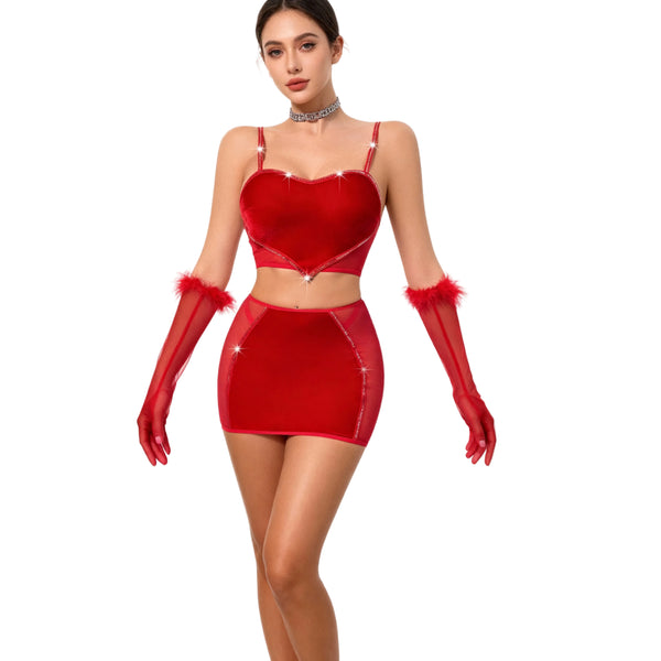 Les Secrets de Léa – Ensemble en velours rouge avec jupe courte et gants – Clara - LSDLBoutique