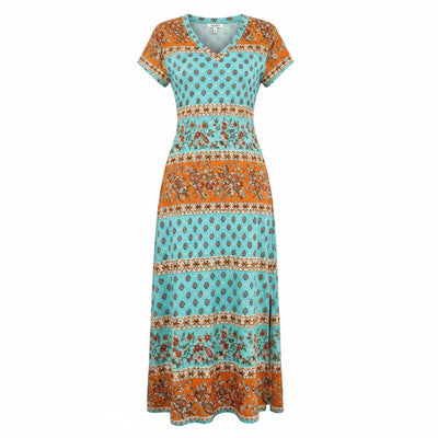 Robe longue bohème florale – Col en V, manches courtes, fente latérale