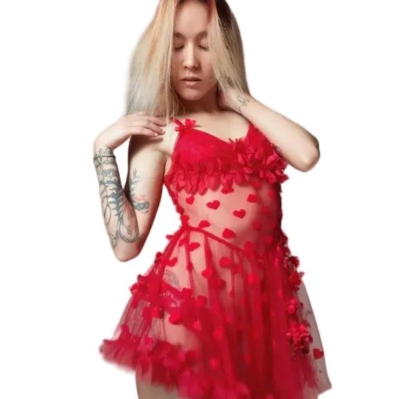 Les Secrets de Léa – nuisette rouge en tulle à cœurs – Valentina - LSDLBoutique