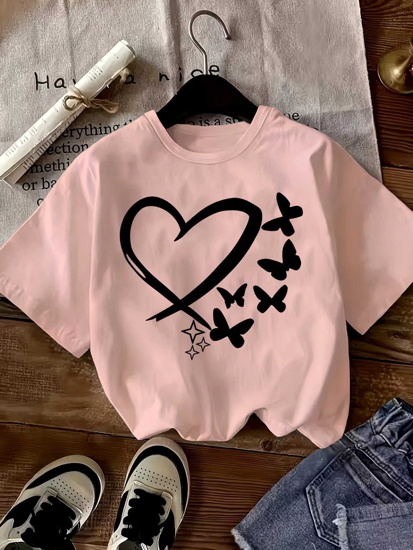 Lot de 3 T Shirts Fille Coeur Imprimé Léopard Noir Rose Blanc