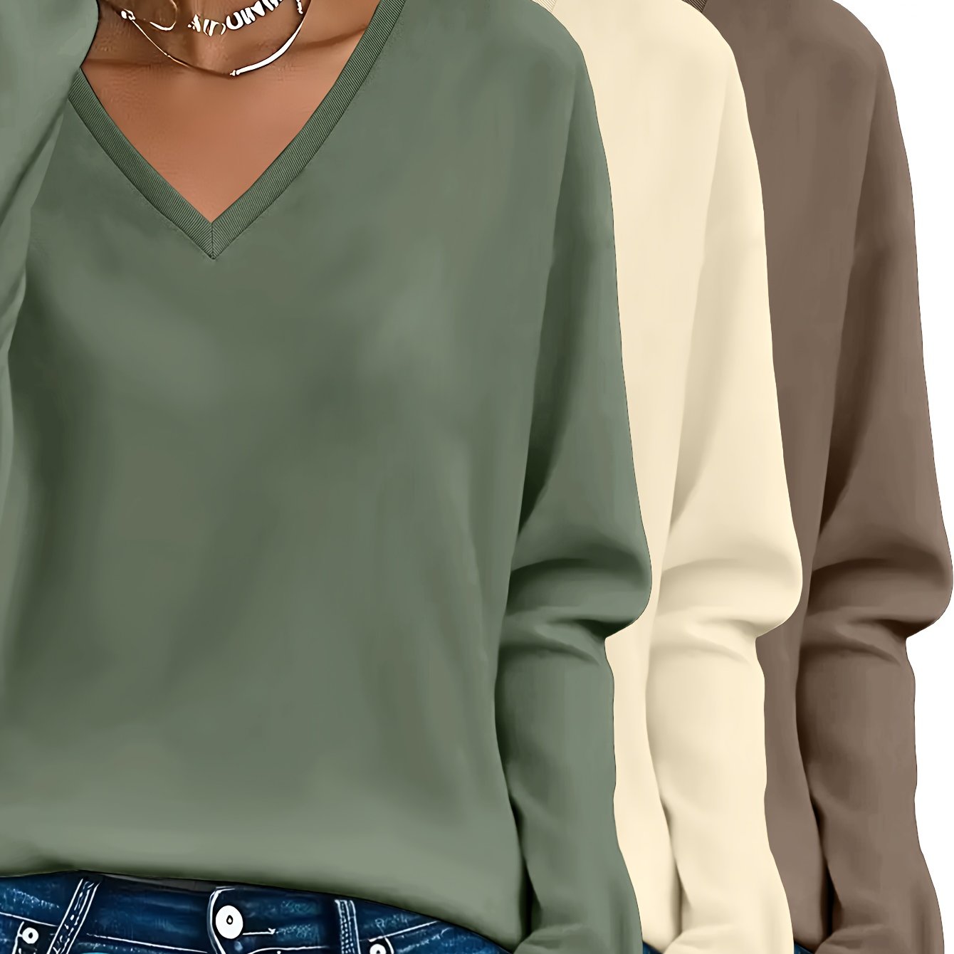 Lot de 3 Pulls Femme Col V Manches Longues 100 Pour Cent Coton Style Casual Élégant by LSDLBoutique.ch