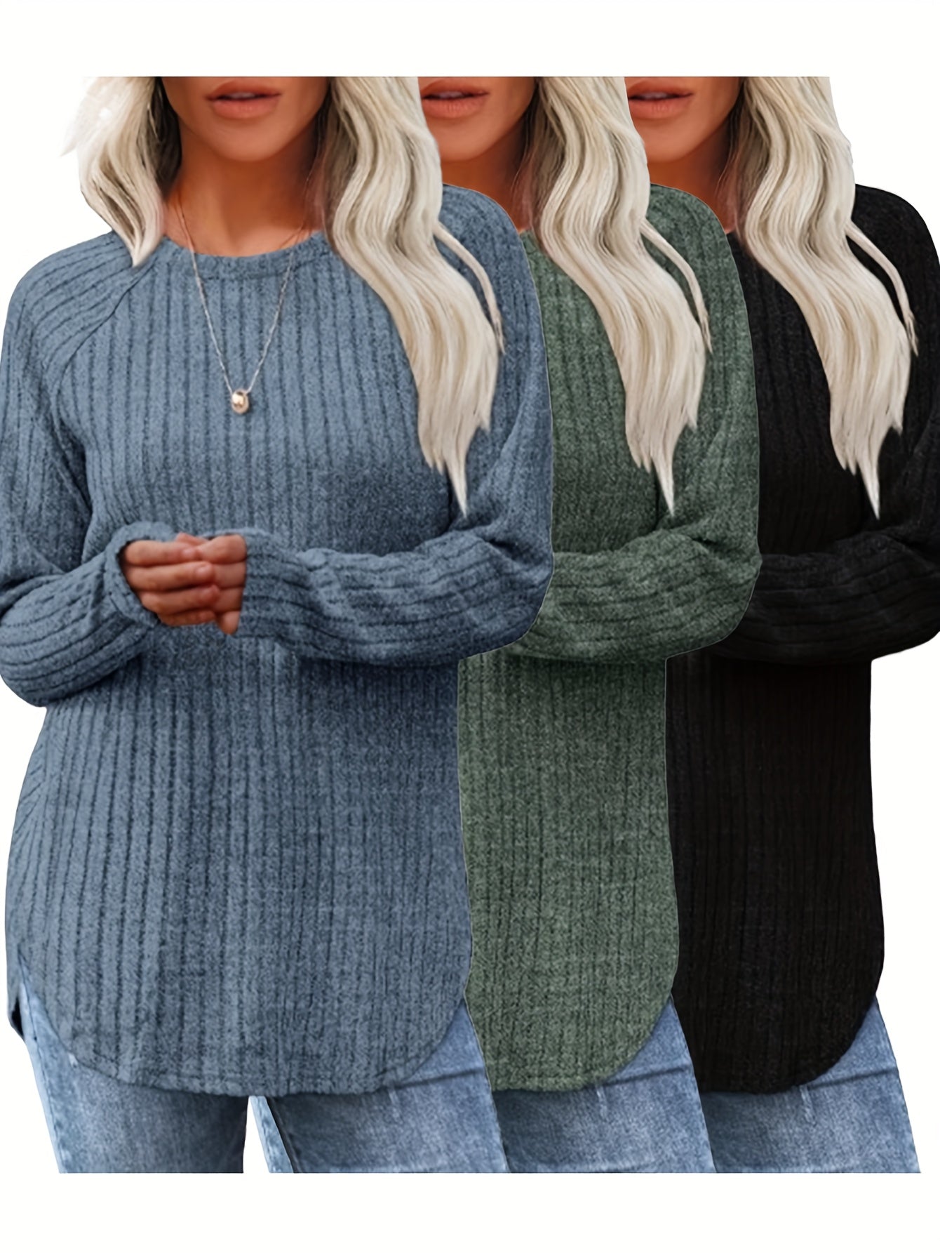 Lot De 3 Pulls Femme Élégants Col Rond Manches Longues Doux Et Légers Minimalistes Pour Le Quotidien by LSDLBoutique.ch