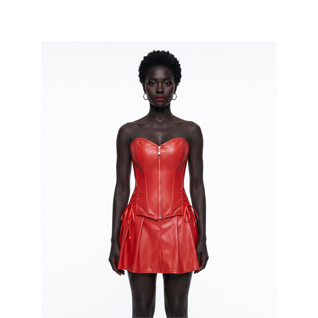 Corset Bustier and Mini Skirt Set with Lace-Up Detail – Black / Red