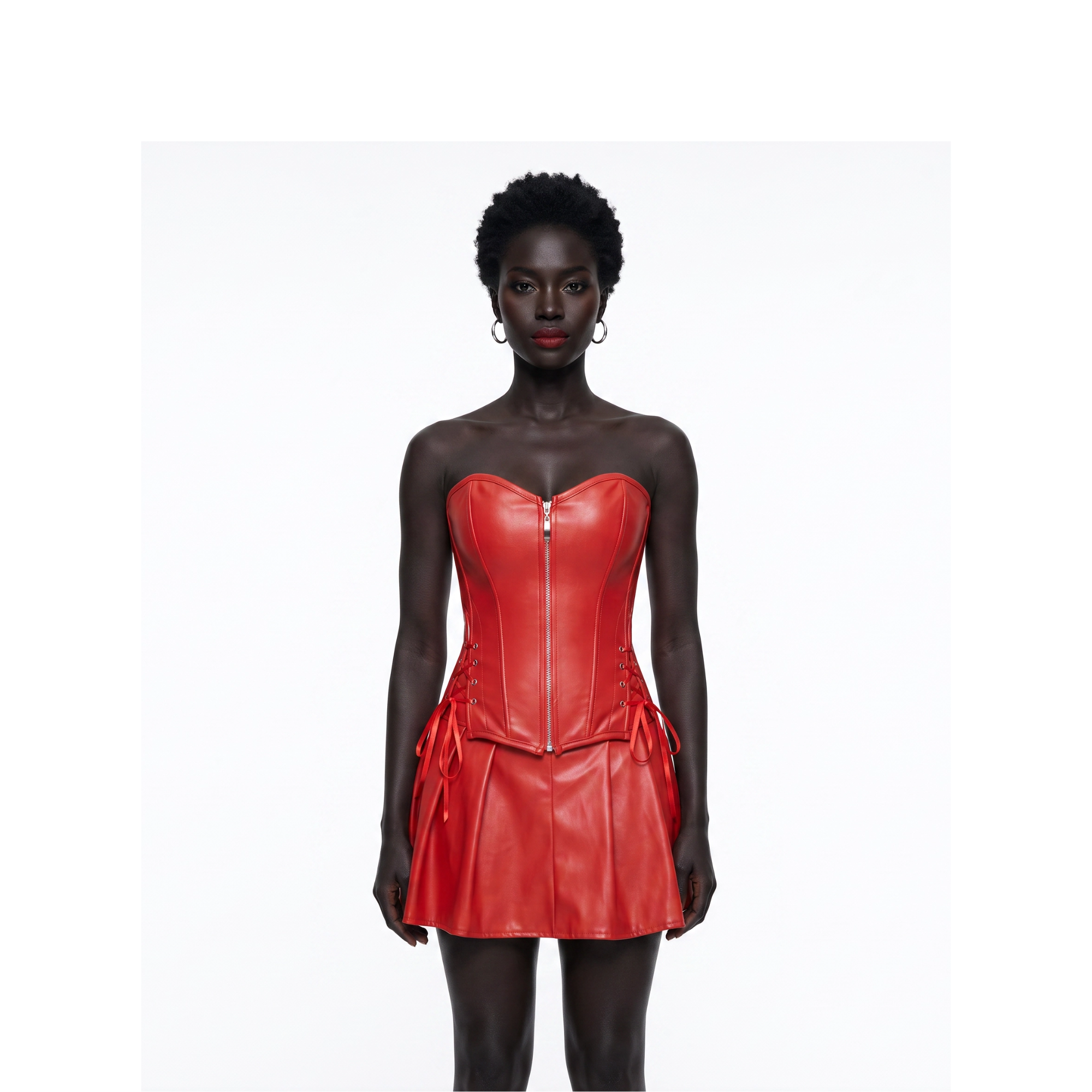 Corset Bustier and Mini Skirt Set with Lace-Up Detail – Black / Red