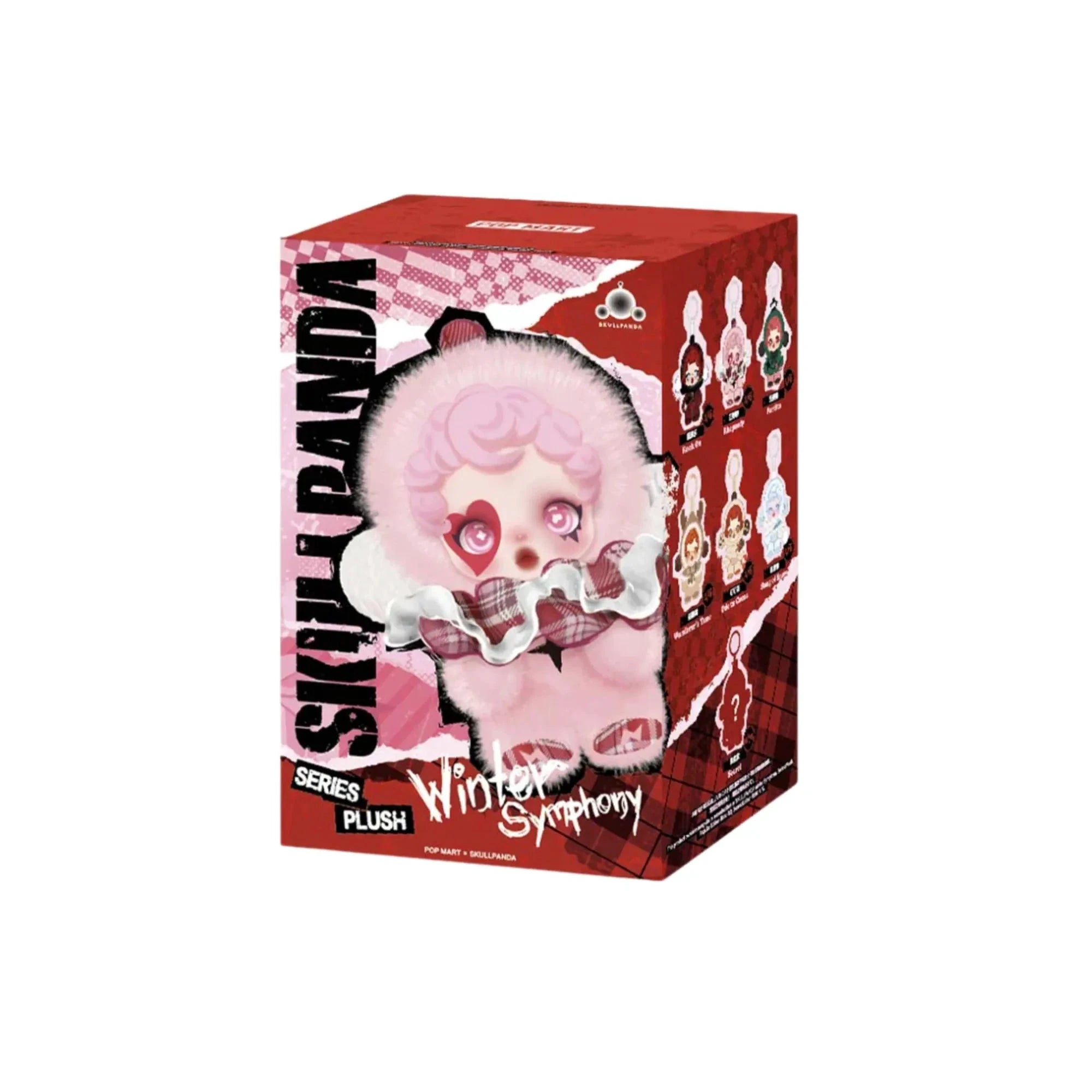 Peluche-porte-clés SkullPanda Winter Symphony, panda rosé en peluche dans emballage rouge POP MART