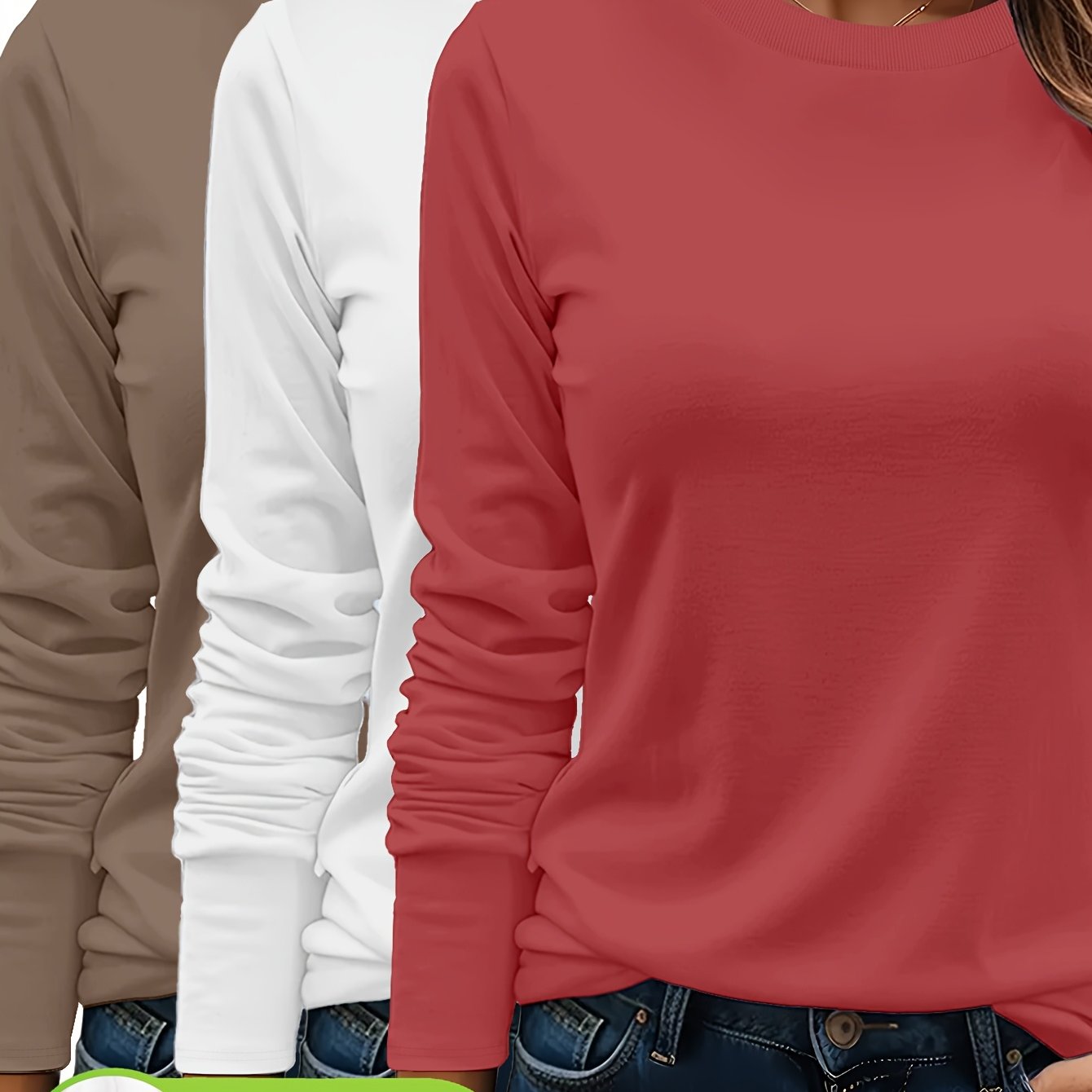 Lot De Trois T Shirts Femme Manches Longues Col Rond Coton 100 Pour Cent Confort Casual Basique by LSDLBoutique.ch