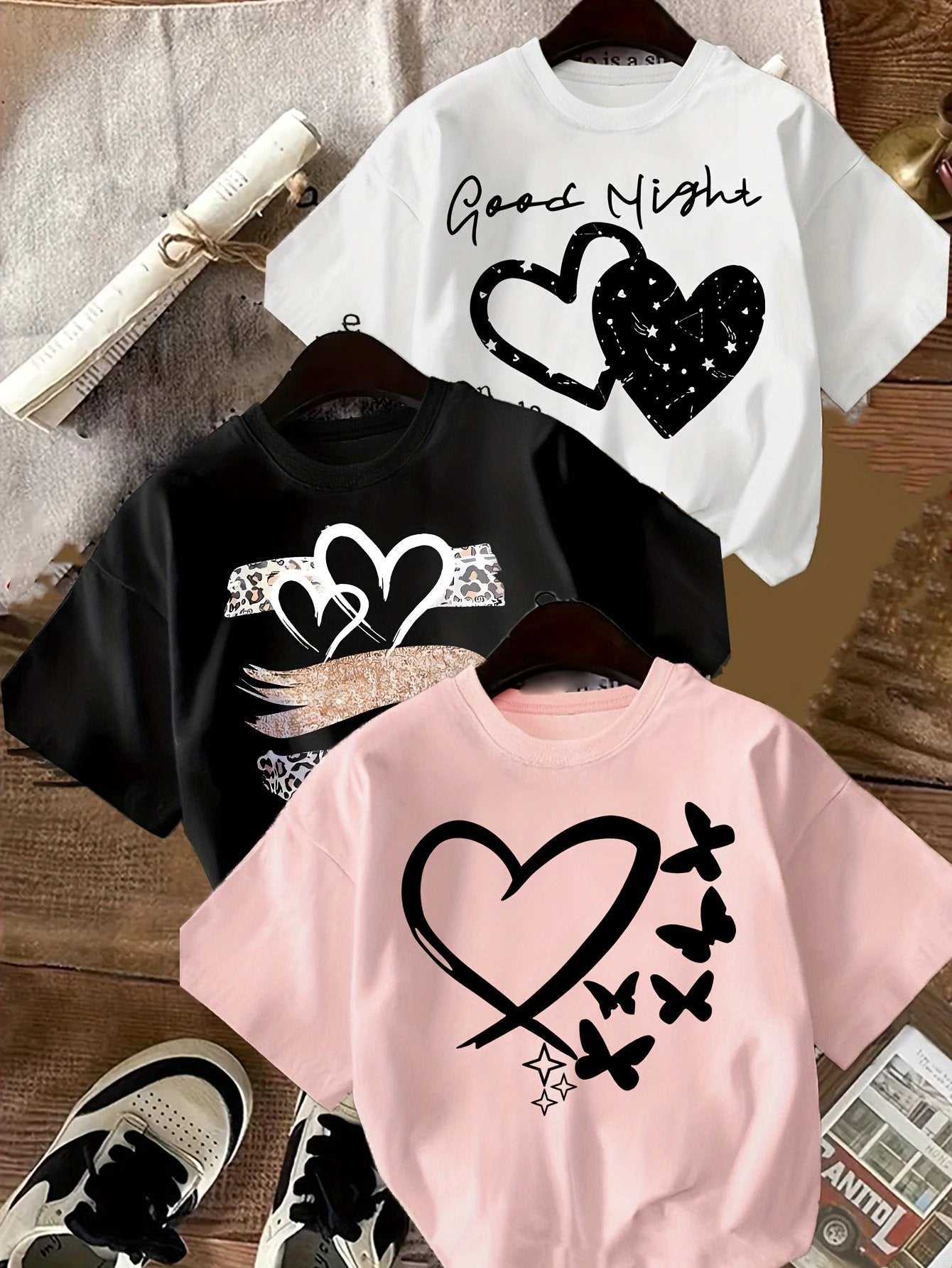 Lot de 3 T Shirts Fille Coeur Imprimé Léopard Noir Rose Blanc