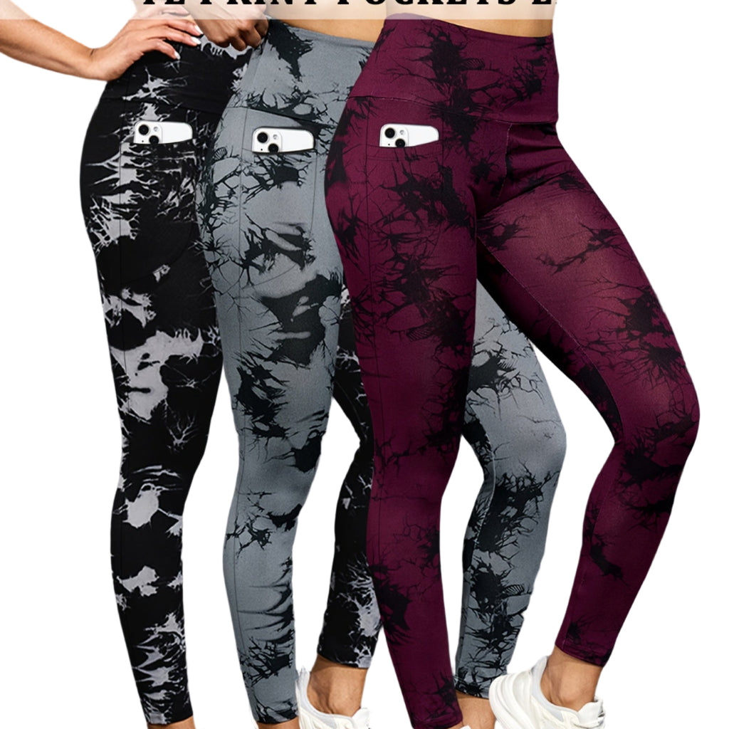 Lot De 3 Leggings Femme Taille Haute Avec Contrôle Du Ventre Imprimé Tie Dye Poches Stretch Opaques by LSDLBoutique.ch