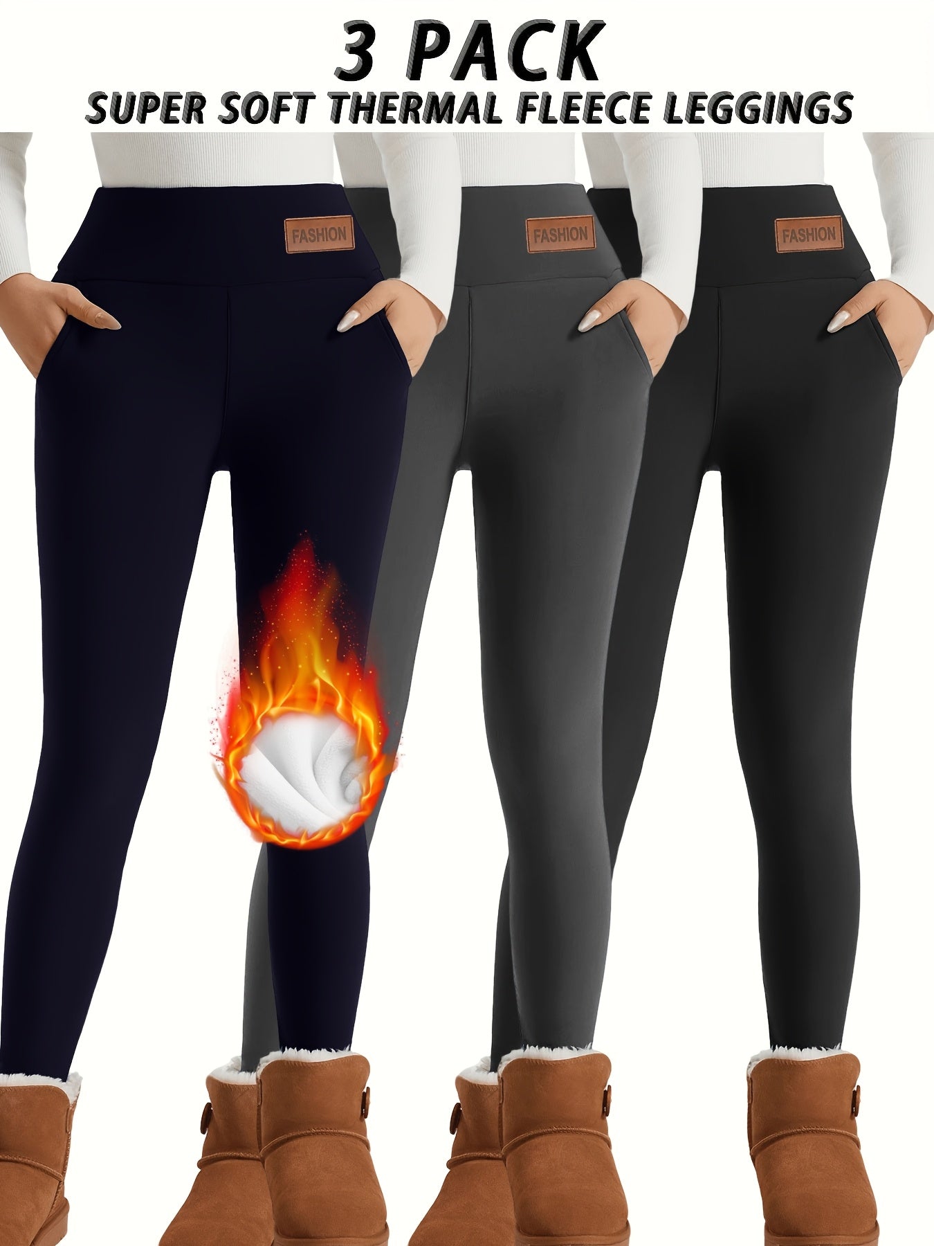 Lot De 3 Leggings Thermiques Femme Poches Taille Haute Doublés Polaire Doux Et Stretch by LSDLBoutique.ch