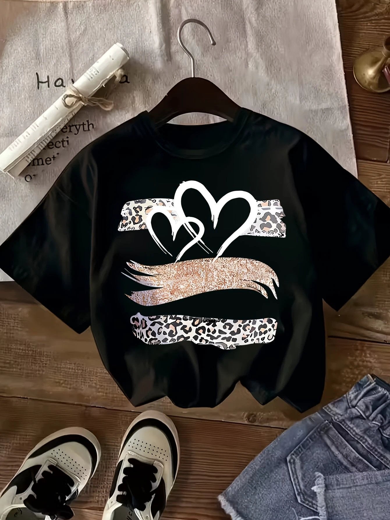 Lot de 3 T Shirts Fille Coeur Imprimé Léopard Noir Rose Blanc