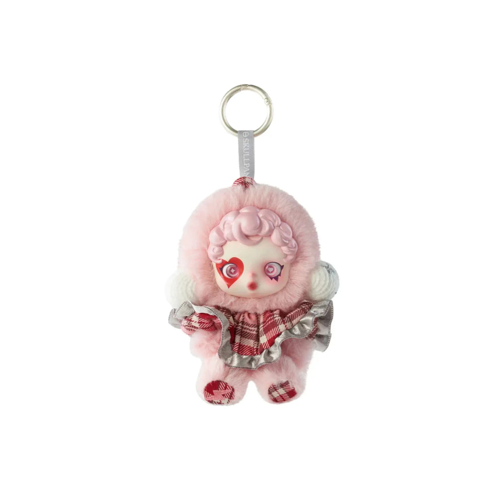 Peluche porte-clés Skullpanda Winter Symphony rose clair, capuche rose et robe à carreaux gris-rouge, Mon Labubu