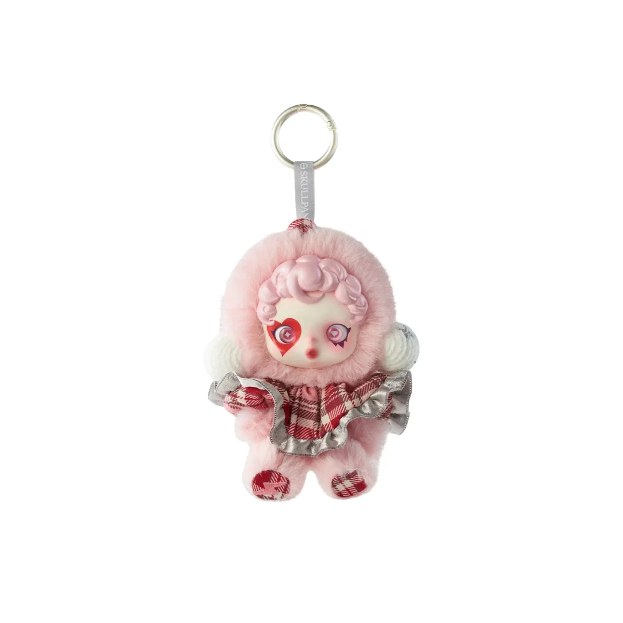 Peluche porte-clés Skullpanda Winter Symphony rose clair, capuche rose et robe à carreaux gris-rouge, Mon Labubu