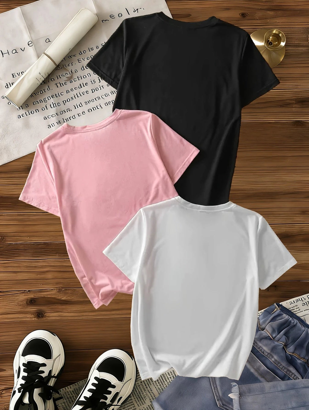Lot de 3 T Shirts Fille Coeur Imprimé Léopard Noir Rose Blanc