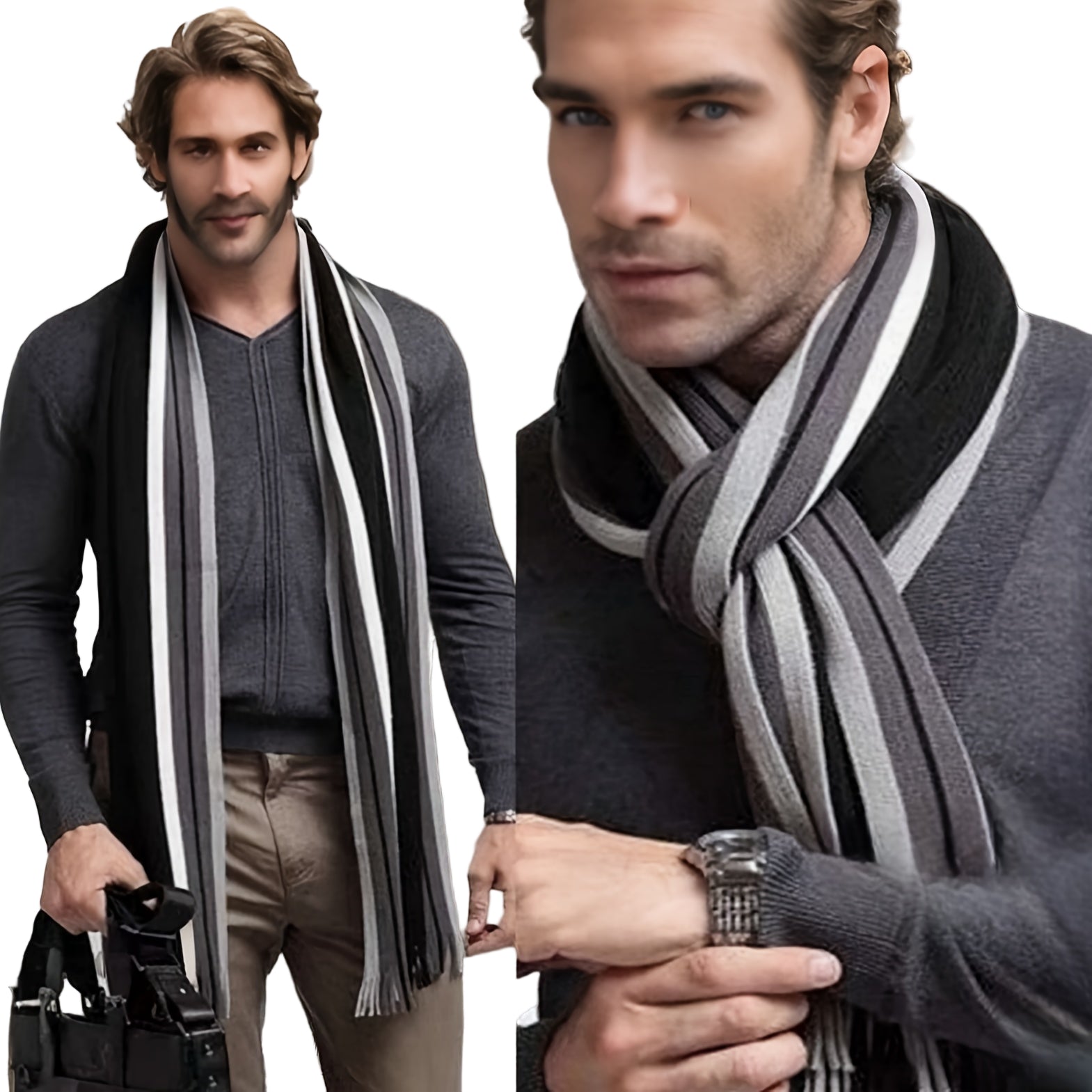 Écharpe Homme À Rayures Tricot Chaud Avec Franges En Acrylique Doux Pour Hiver Confortable Et Légère by LSDLBoutique.ch