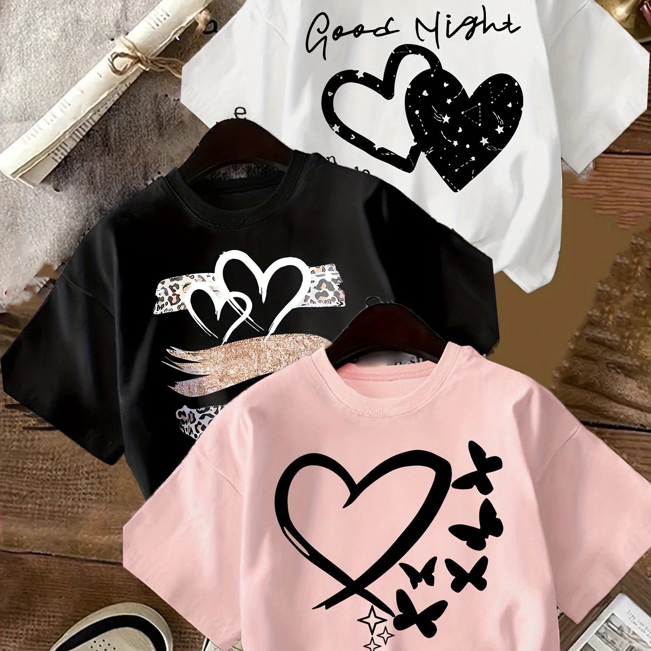 Lot de 3 T Shirts Fille Coeur Imprimé Léopard Noir Rose Blanc