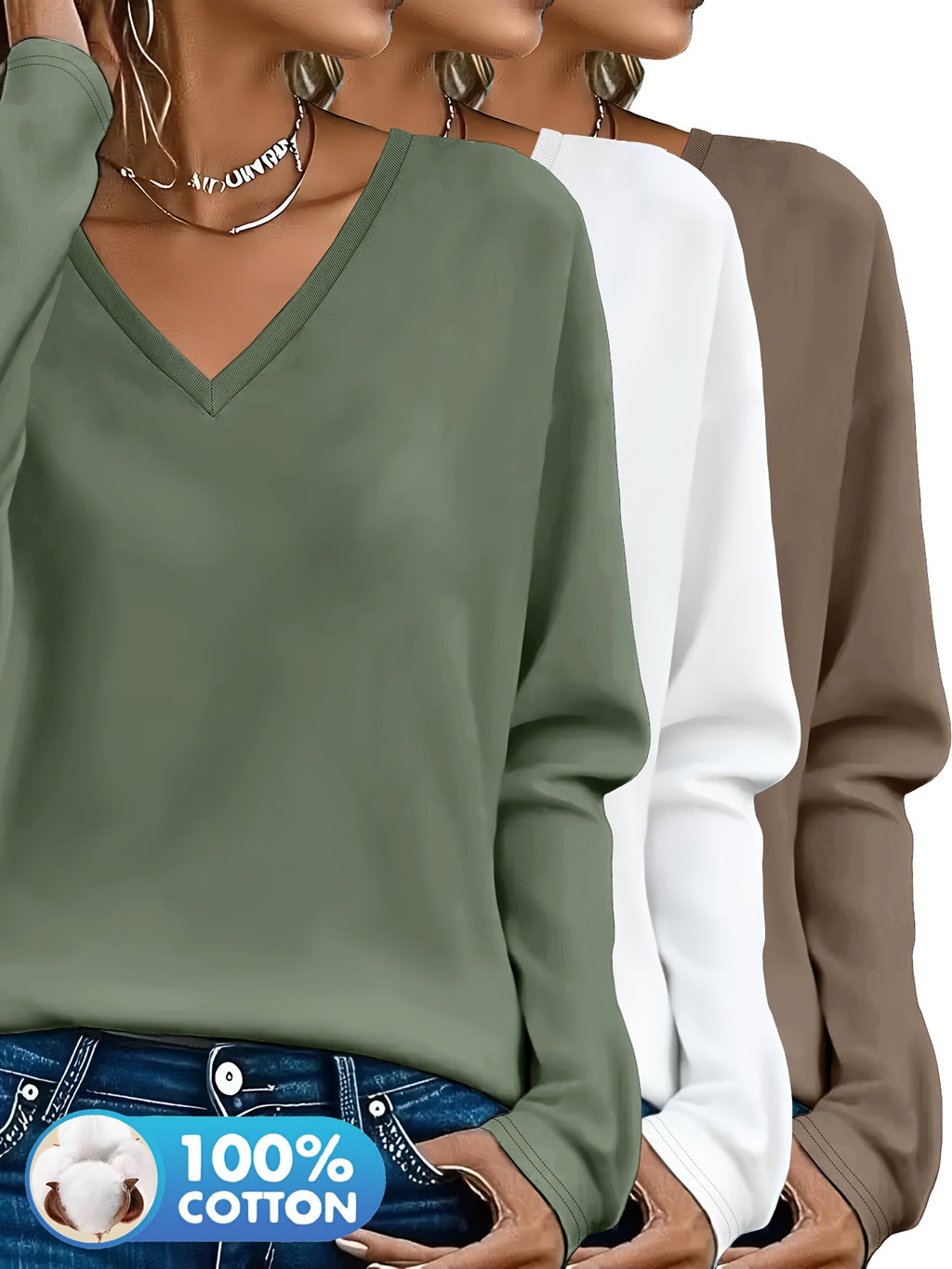 Lot de 3 Pulls Femme Col V Manches Longues 100 Pour Cent Coton Style Casual Élégant by LSDLBoutique.ch