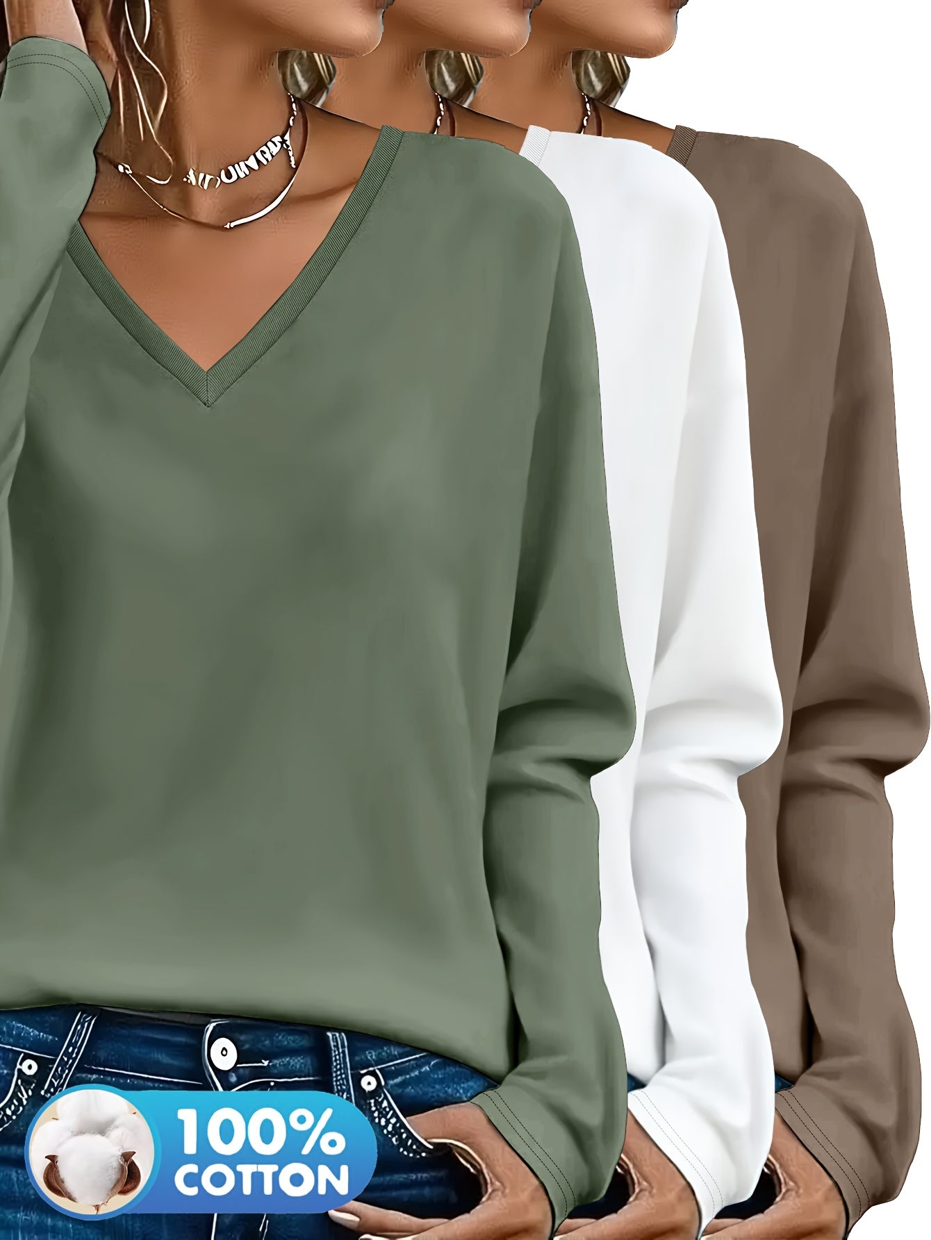 Lot de 3 Pulls Femme Col V Manches Longues 100 Pour Cent Coton Style Casual Élégant by LSDLBoutique.ch