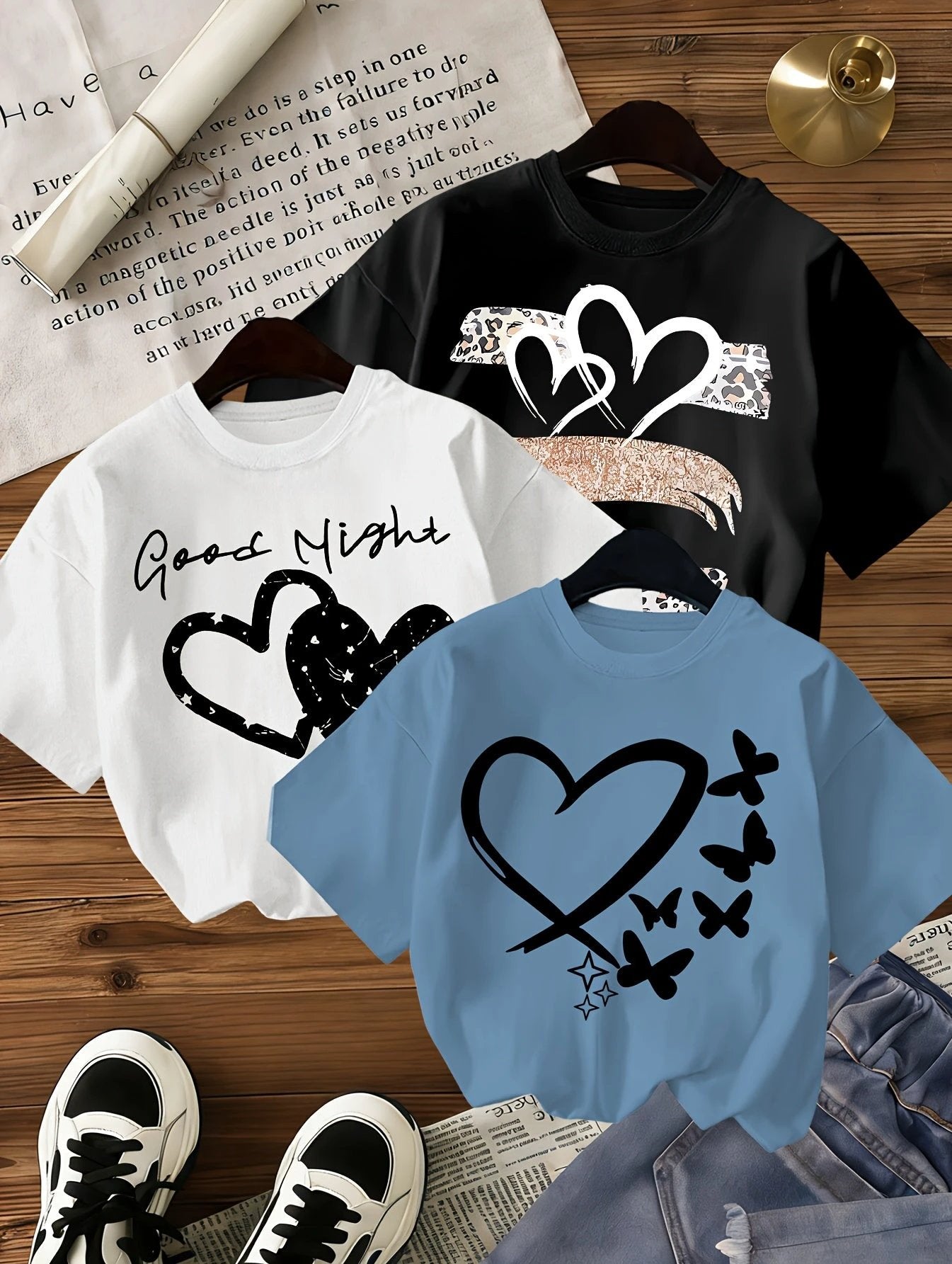 Lot de 3 T Shirts Fille Coeur Imprimé Léopard Noir Rose Blanc