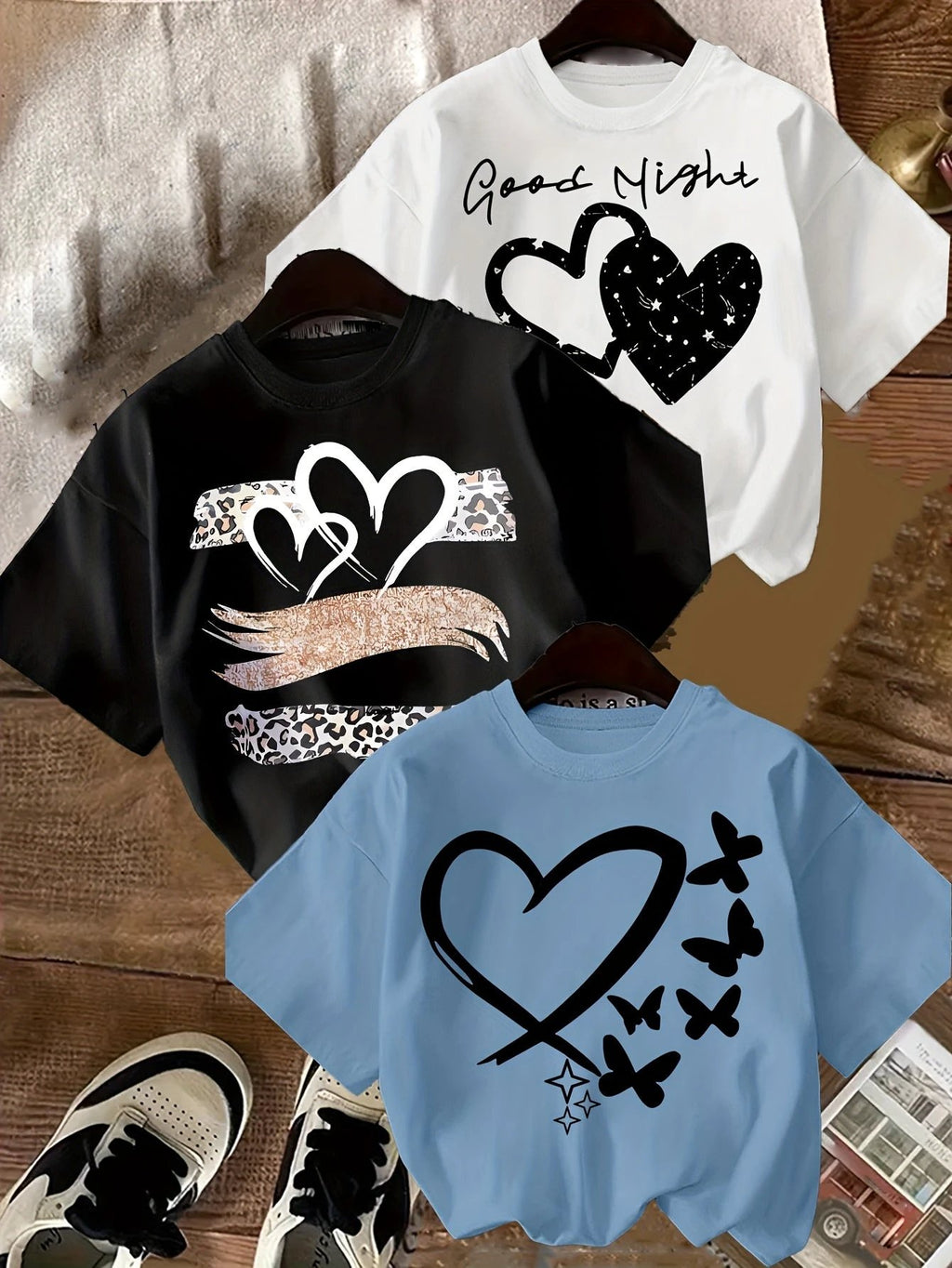 Lot de 3 T Shirts Fille Coeur Imprimé Léopard Noir Rose Blanc