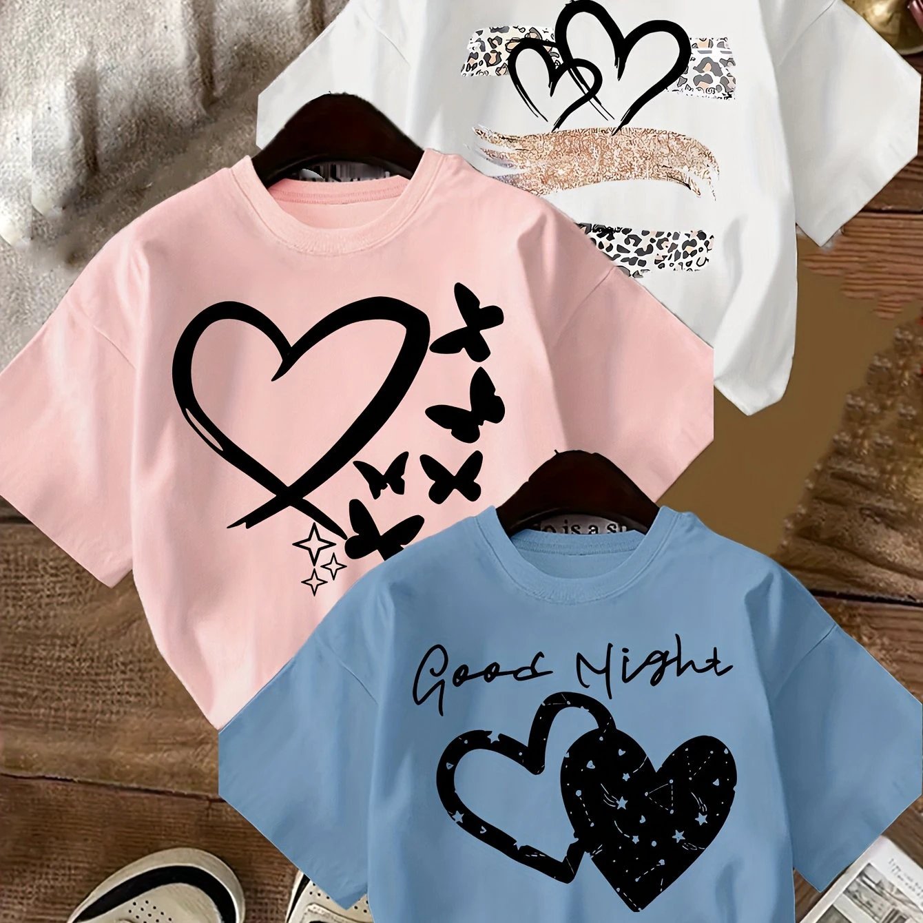 Lot de 3 T Shirts Fille Coeur Imprimé Léopard Noir Rose Blanc