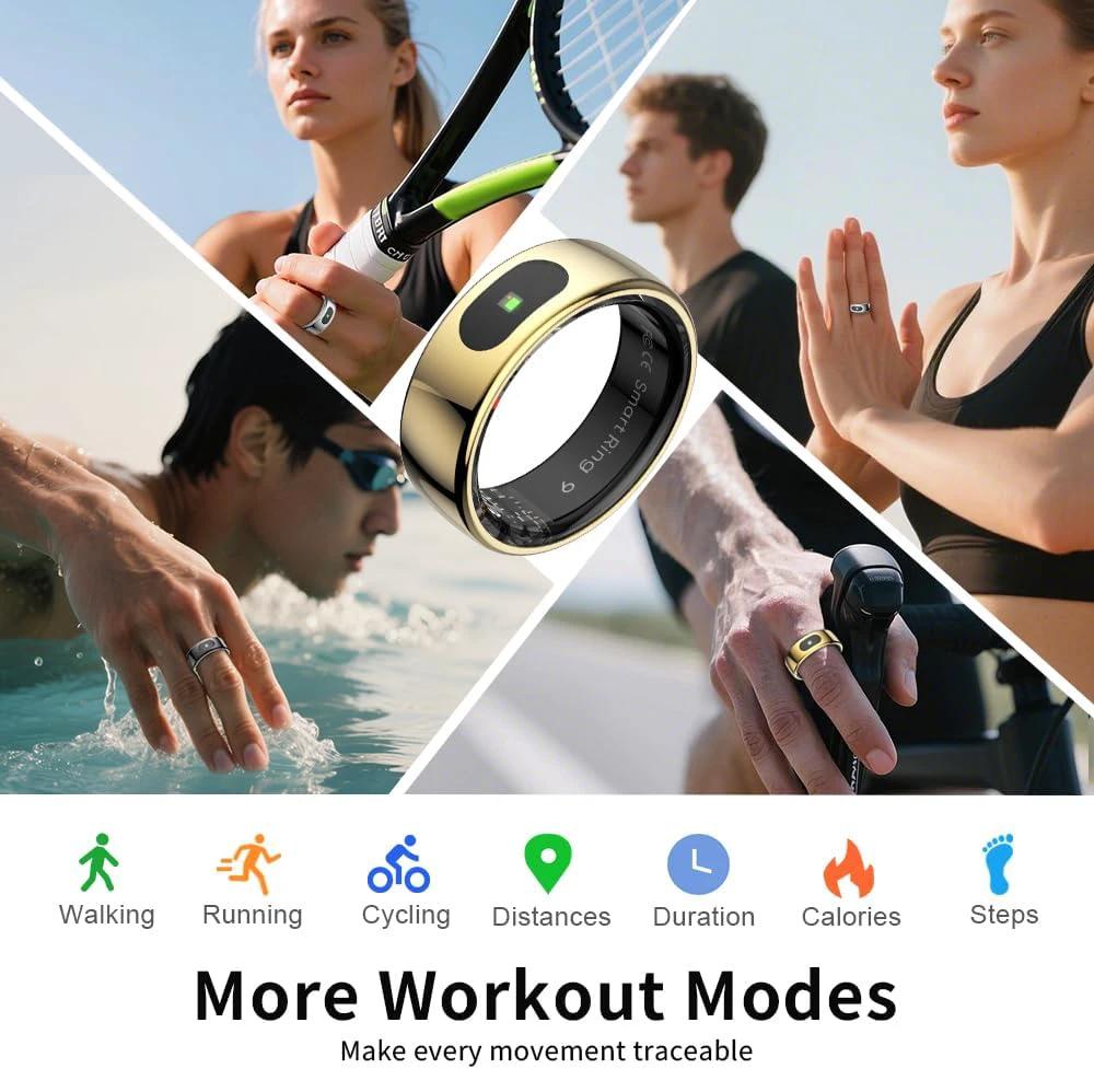 Smart Ring LED Touch Activity Tracker/Heart Rate/Sleep/Oximetry, 5ATM Smart Ring Music/Video Control, Smart Ring Fitness Tracker Compatible iOS/Android (Gold, 7)