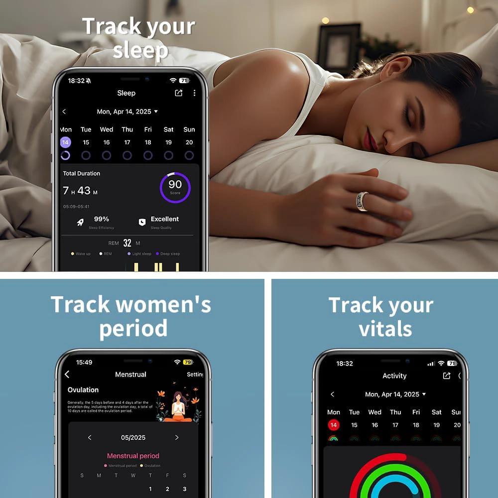 Smart Ring with LED Display, Activity Tracker/Heart Rate/Blood Oxygen/Women's Health/Sleep Touch Control Ring, Smart Ring Compatible iOS/Android (Gold, 10)