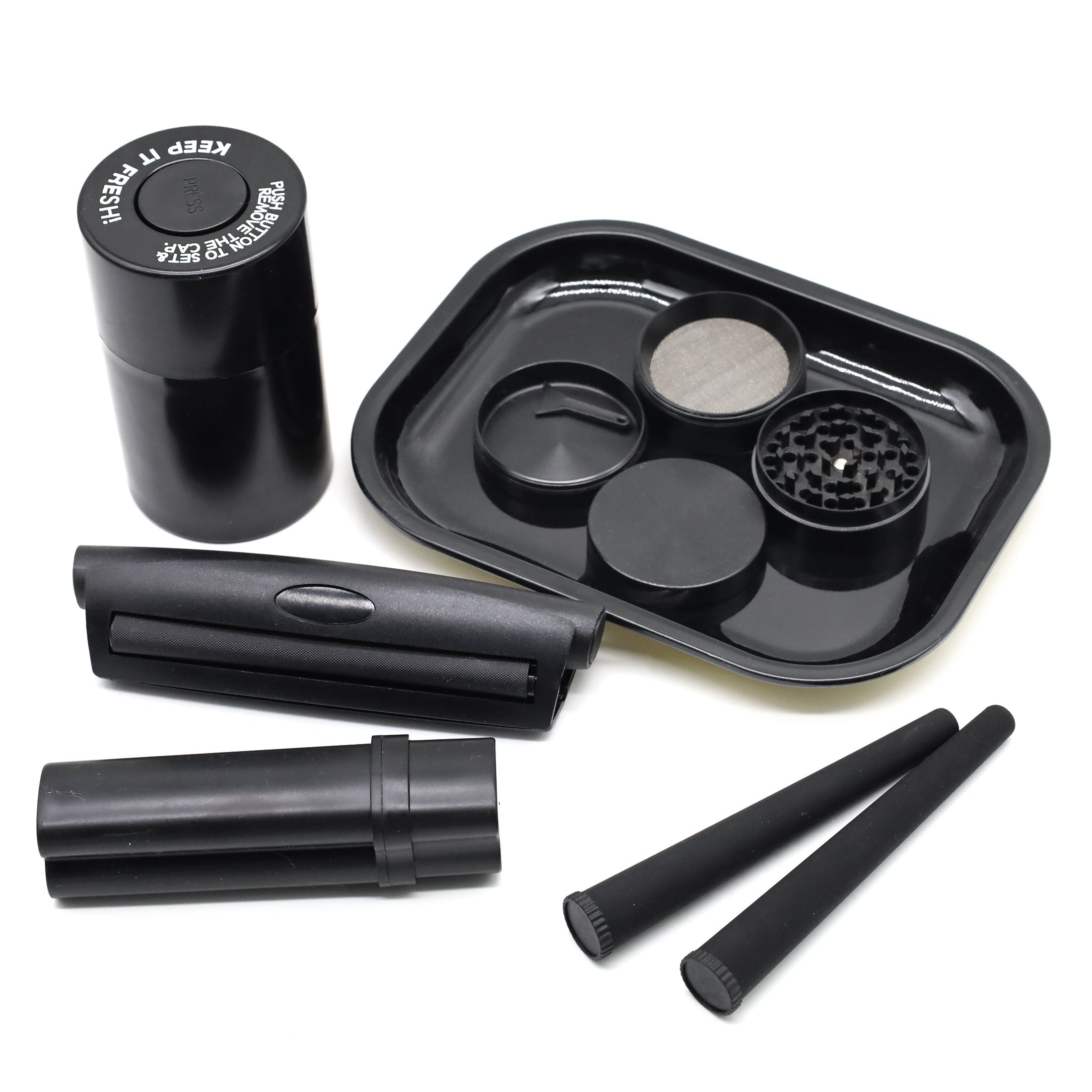 Set Fumeur Noir 7pcs : Grinder 50mm, Plateau, Pipe, Rouleur Cadeau by LSDLBoutique.ch