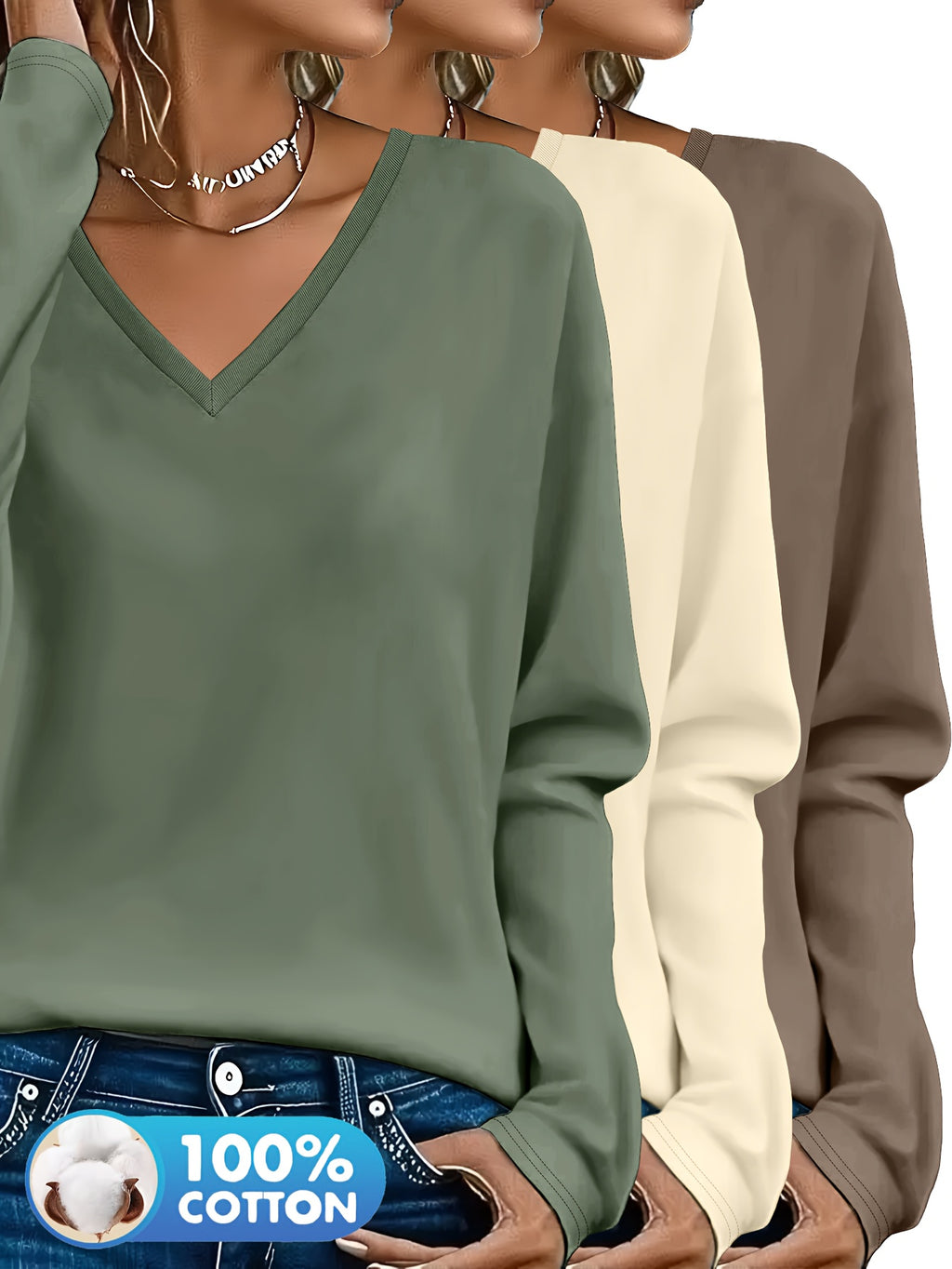 Lot de 3 Pulls Femme Col V Manches Longues 100 Pour Cent Coton Style Casual Élégant by LSDLBoutique.ch