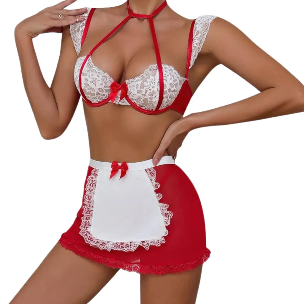 Louise Ensemble French Maid Dentelle Tablier Rouge et Blanc Trois Pièces Pour Tenues à Thème et Événements Spéciaux by Les Secrets de Léa