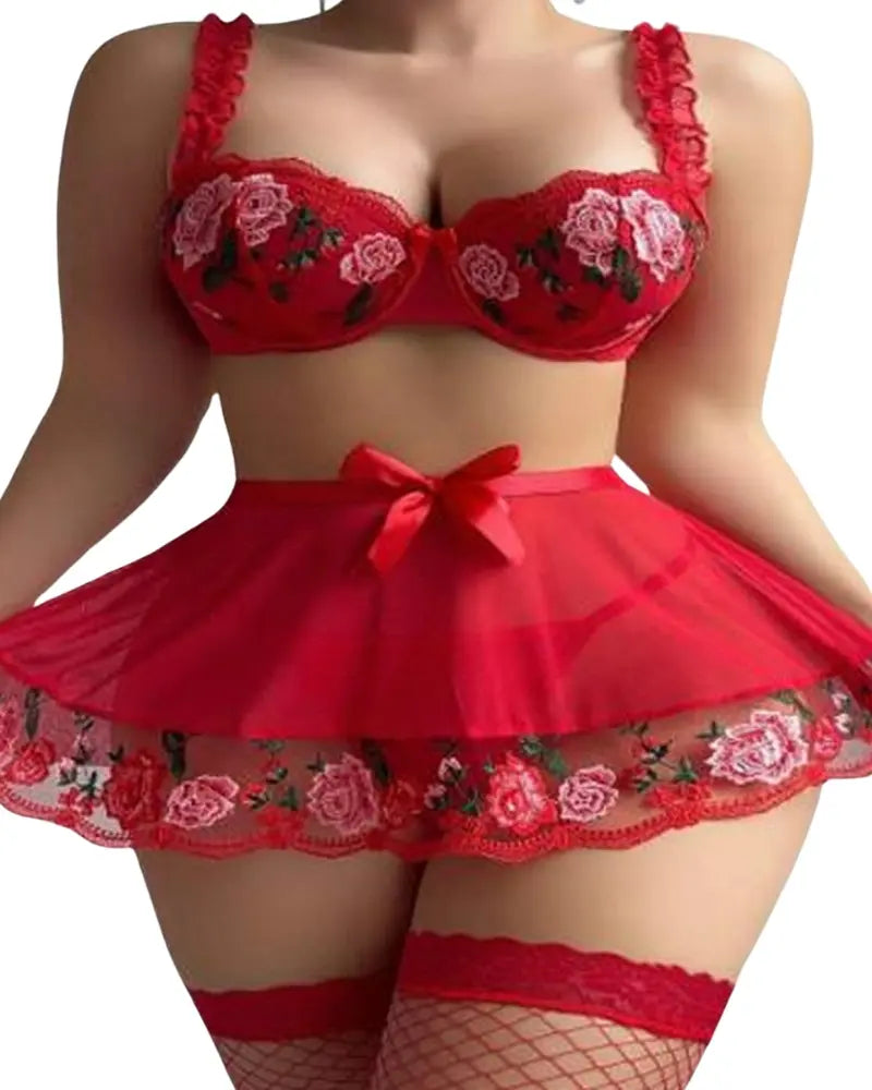 Ensemble Fanny Rouge Fleuri Avec Haut À Bretelles Ajustables Et Jupe Fluide En Dentelle Confort Maison by Les Secrets de Léa
