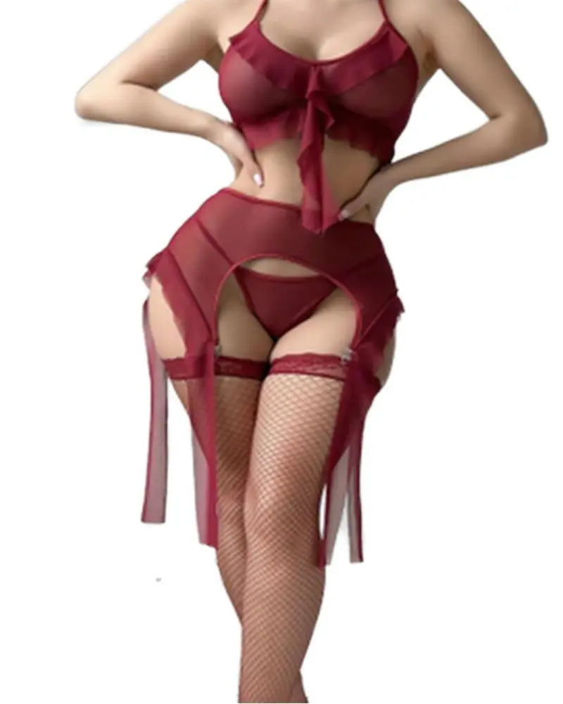 Margaux Ensemble Bordeaux Élégant Avec Haut Volants Jupe Portejarretelles Bas Assortis by Les Secrets de Léa