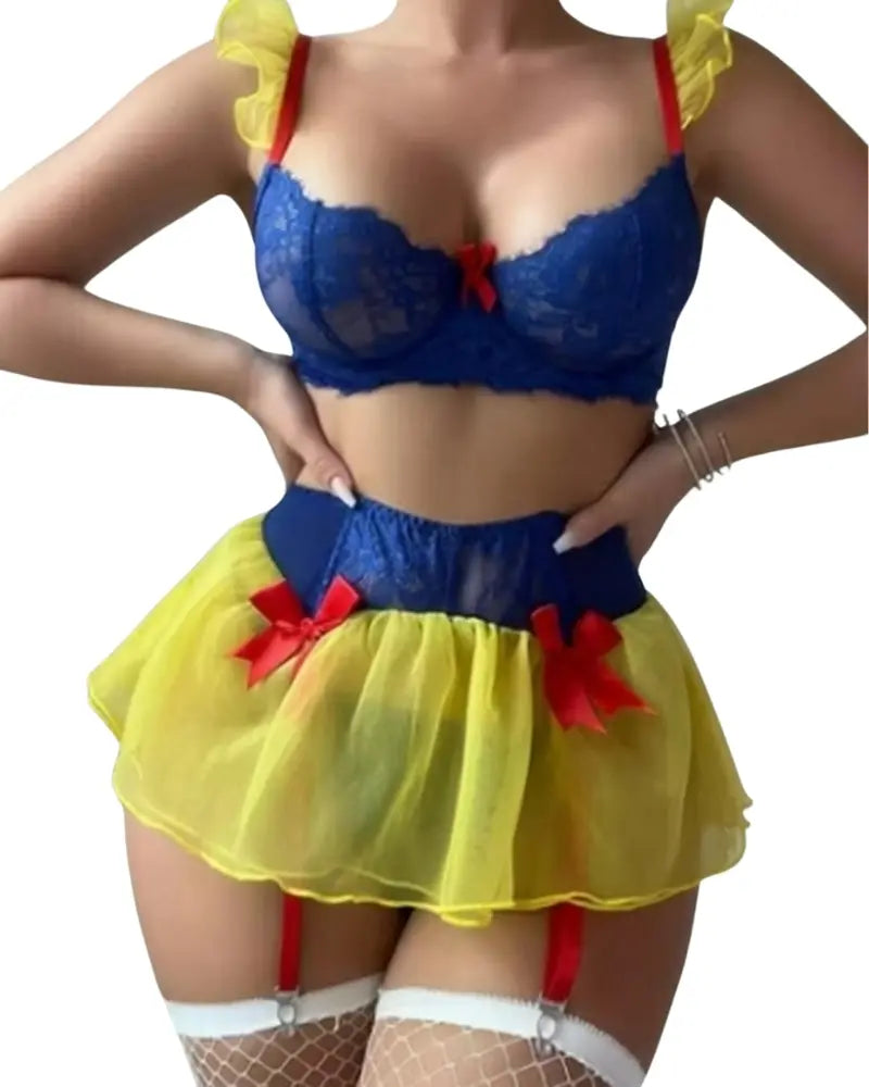 Blanche Ensemble Contes De Fées Avec Soutien Gorge Jupe Bas Résille En Dentelle Bleue Satin Rouge Volants Jaunes by Les Secrets de Léa