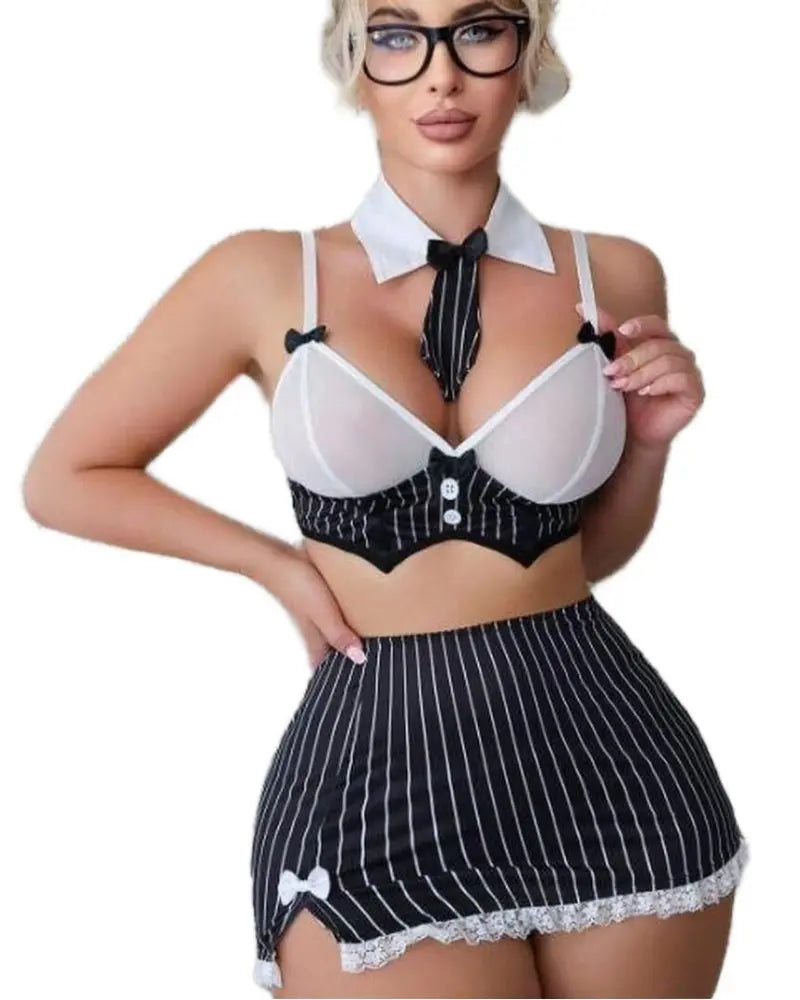 Sarah Uniforme Noir Élégant À Col Blanc Contrastant Ensemble Deux Pièces Pour Déguisement by Les Secrets de Léa