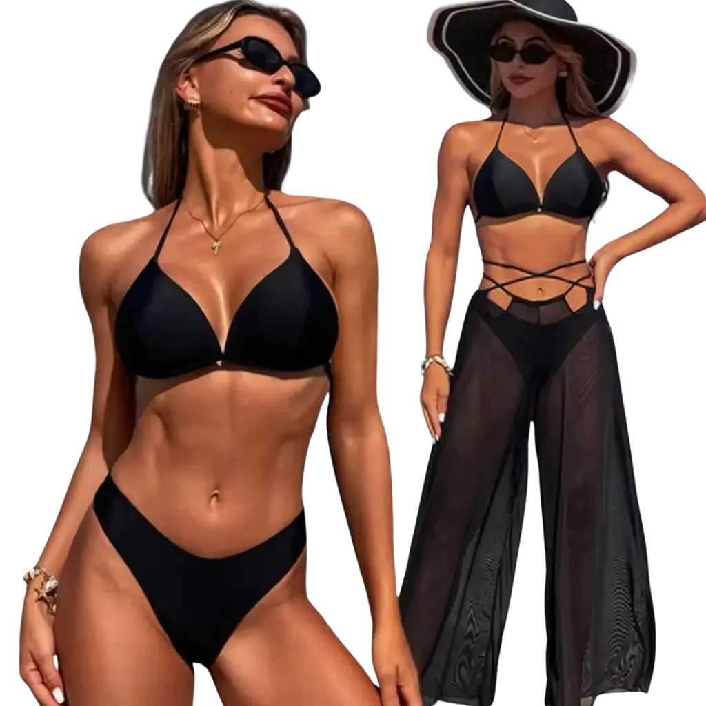 Tahina Maillot Triangle Deux Pièces Noir Pantalon Délicat