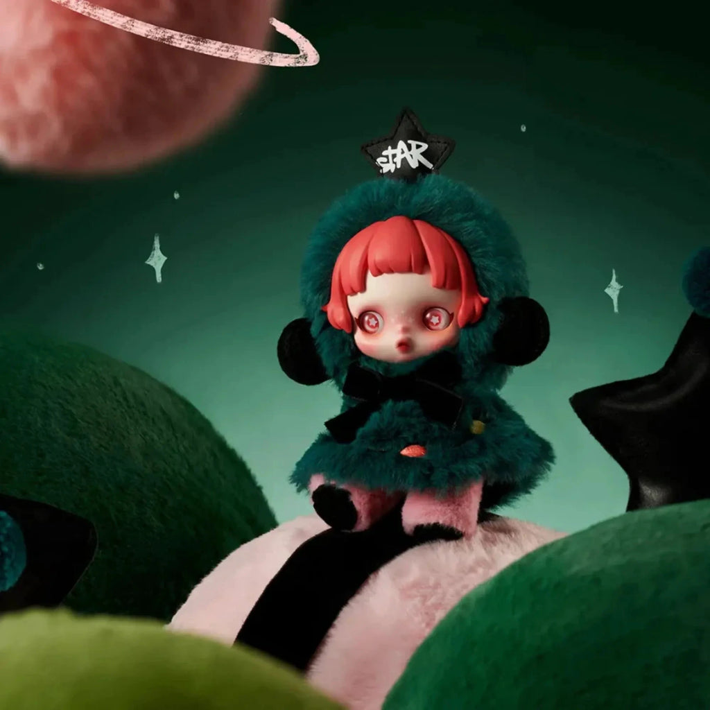 Peluche porte-clés Skullpanda Winter Symphony en peluche bleu-vert avec capuche et cheveux roses, Mon Labubu