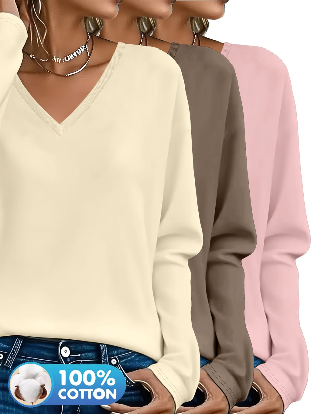 Lot de 3 Pulls Femme Col V Manches Longues 100 Pour Cent Coton Style Casual Élégant by LSDLBoutique.ch