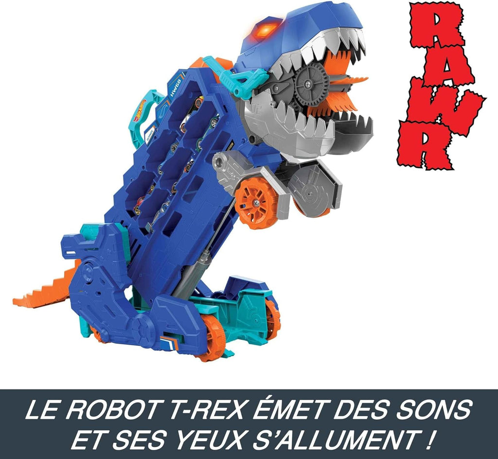 Hot Wheels Let’s Race Netflix - Camion City Transporteur T-Rex Qui Se Cabre pour Se Transformer en T-Rex avec Piste De Course, Lumières Et Sons, Jouet Enfant, Dès 3 Ans, HNG50