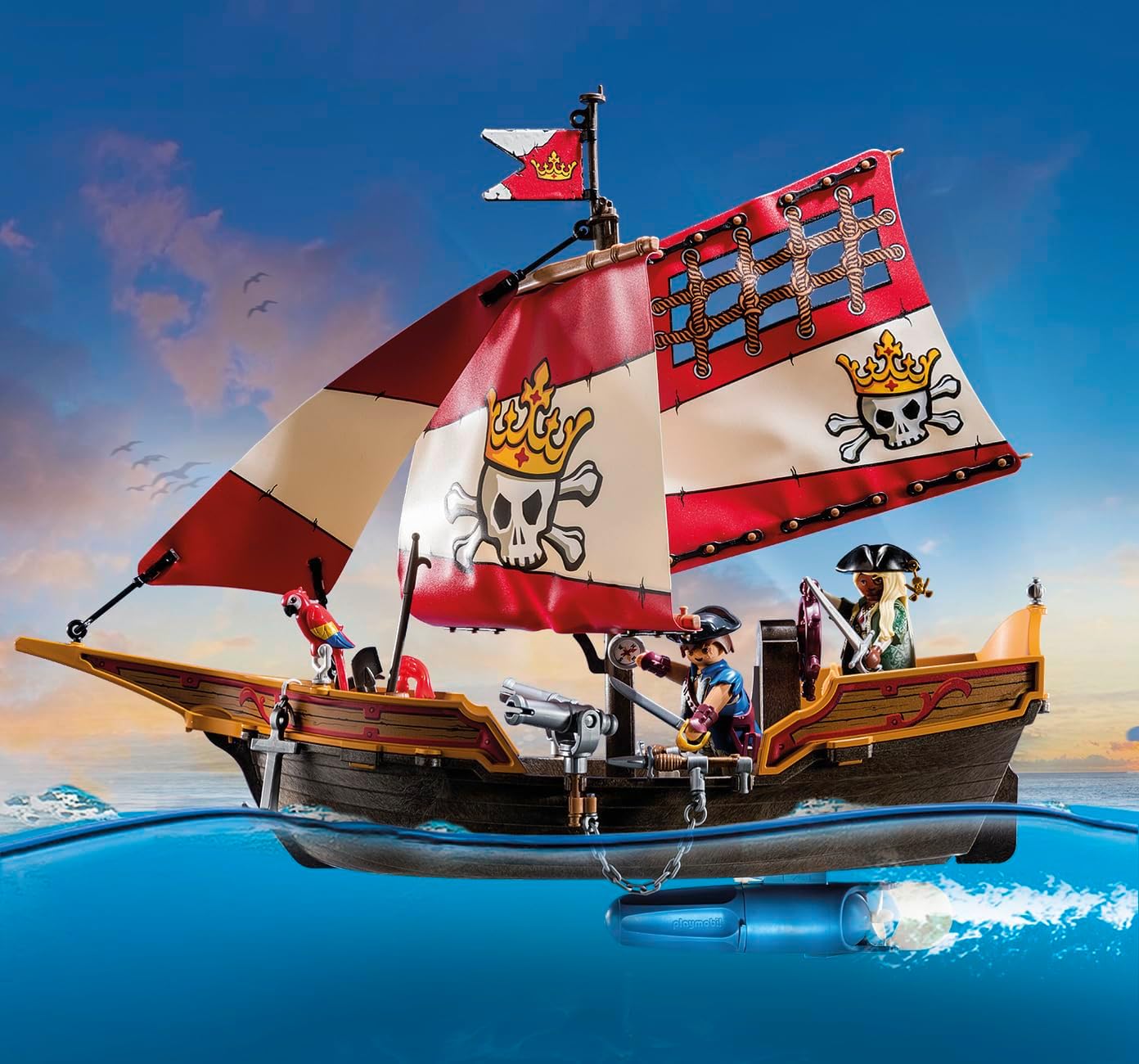 Playmobil 71418 Chaloupe des Pirates, Le Bateau Flotte et Peut être équipé d'un Moteur Submersible, avec des voiles Mobiles, des canons Mobiles et inclinables, Univers Pirates pour Enfants dès 4 Ans
