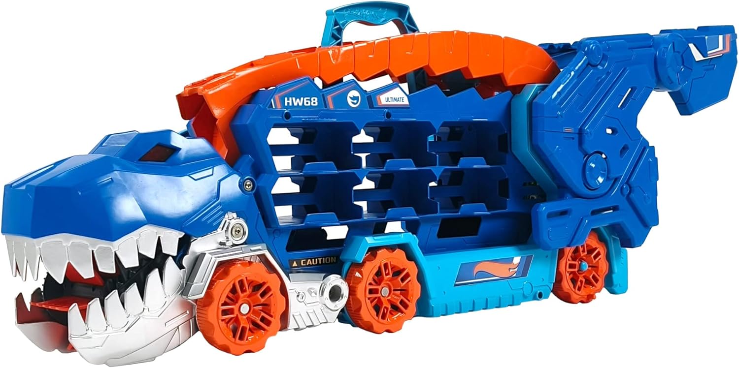 Hot Wheels Let’s Race Netflix - Camion City Transporteur T-Rex Qui Se Cabre pour Se Transformer en T-Rex avec Piste De Course, Lumières Et Sons, Jouet Enfant, Dès 3 Ans, HNG50