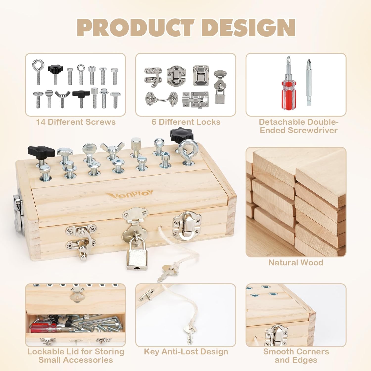 Vanplay Jouet Enfant 3 Ans, Jeux Montessori Outils Enfant Jouet en Bois Planche Montessori avec Visseuse Enfant, Serrure et Clé, Jeux Educatif Cadeau Enfant 3 4 5 Ans Garcon Fill