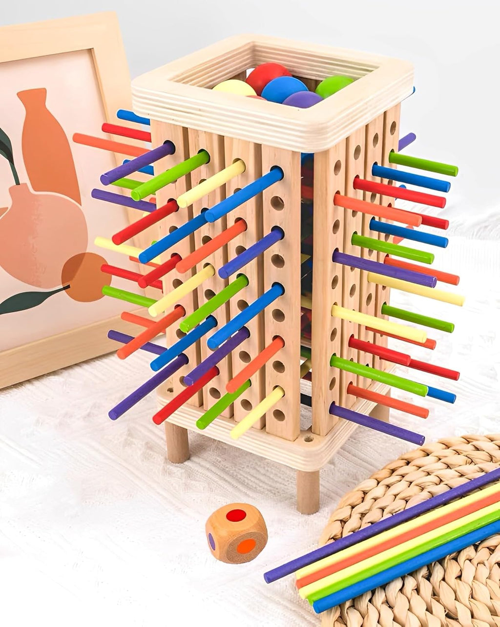 Montessori Jeu de société en bois, jeu éducatif de motricité fine pour enfants de 3 à 6 ans, jeu de tour avec 42 bâtons colorés et dés