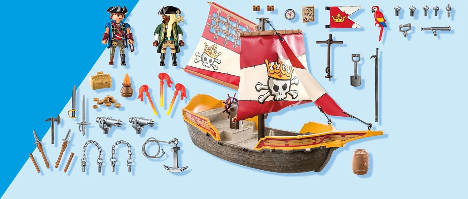 Playmobil 71418 Chaloupe des Pirates, Le Bateau Flotte et Peut être équipé d'un Moteur Submersible, avec des voiles Mobiles, des canons Mobiles et inclinables, Univers Pirates pour Enfants dès 4 Ans