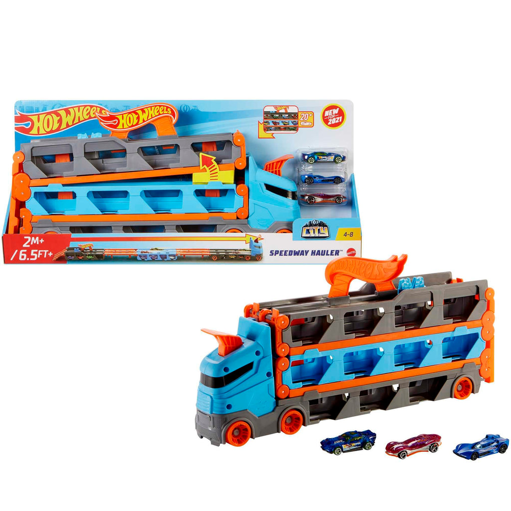 Hot Wheels Let’s Race Netflix - Camion City Transporteur T-Rex Qui Se Cabre pour Se Transformer en T-Rex avec Piste De Course, Lumières Et Sons, Jouet Enfant, Dès 3 Ans, HNG50