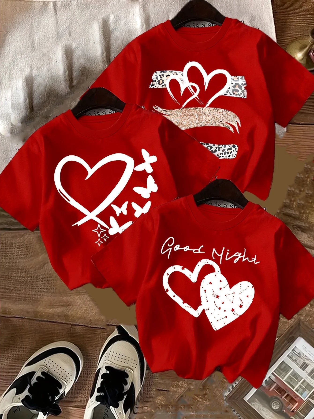 Lot de 3 T Shirts Fille Coeur Imprimé Léopard Noir Rose Blanc