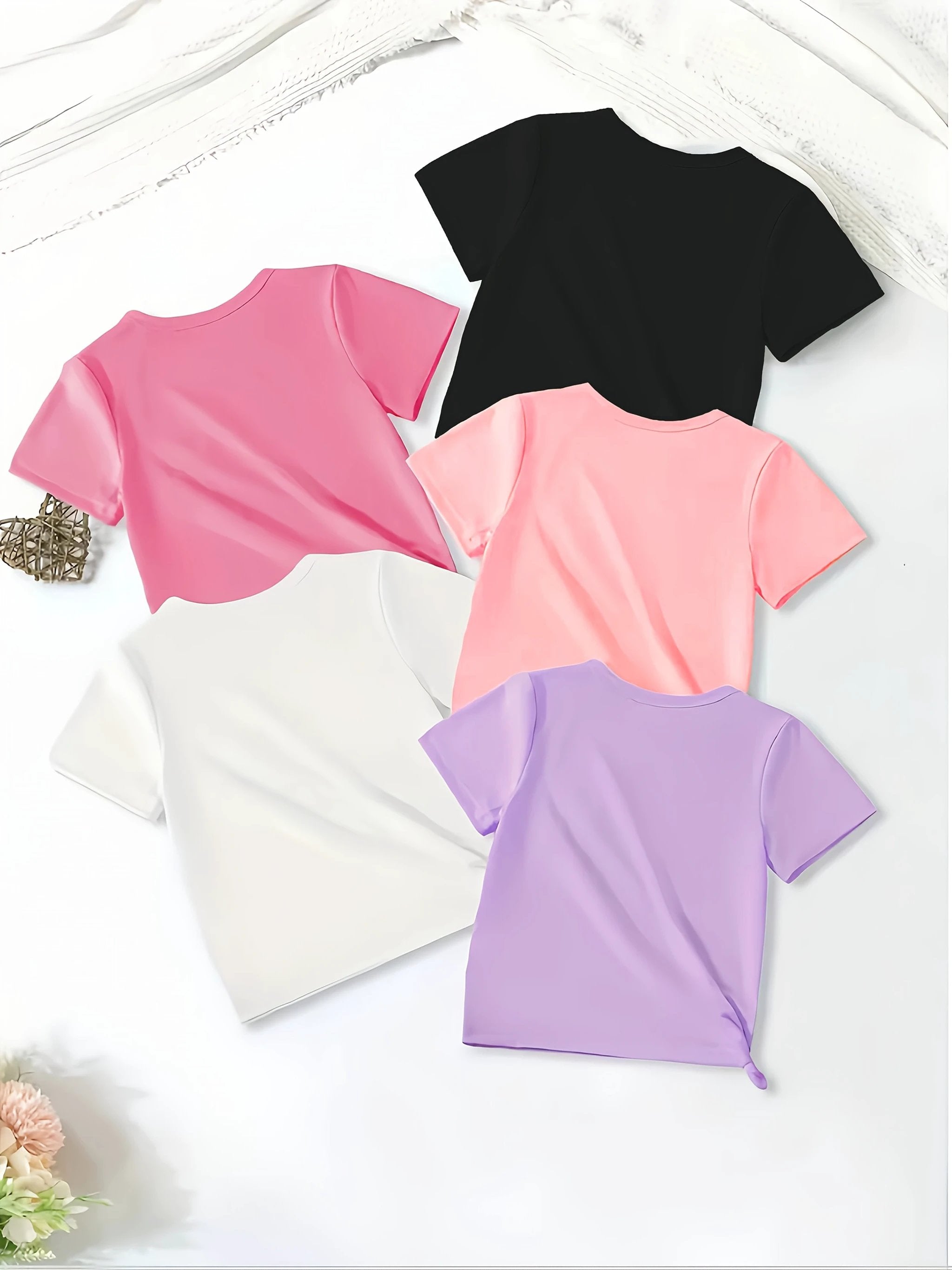 Lot De 5 T-Shirts Fille Cœur Polyester Été Casual Classique