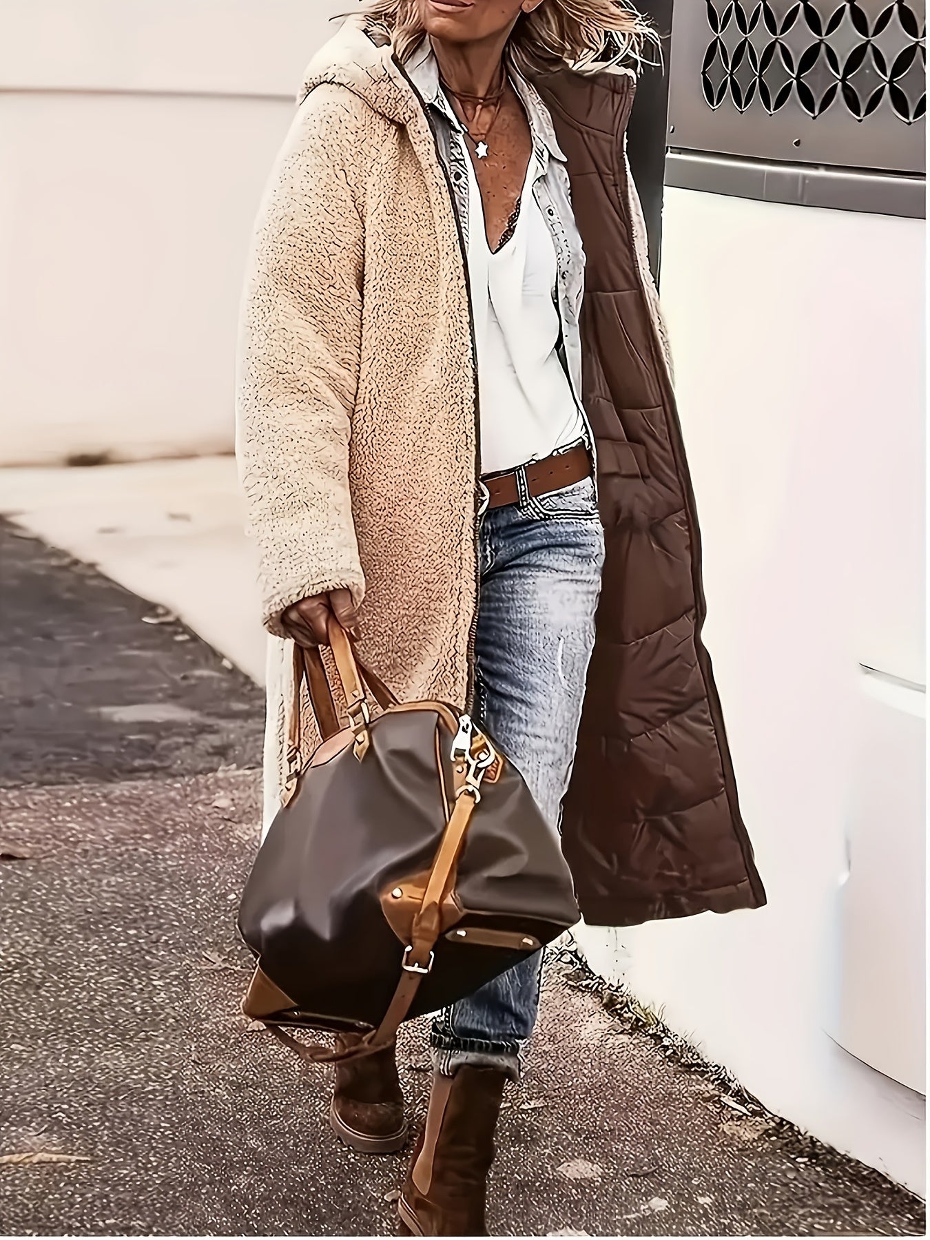 Manteau Femme Hiver Long Doublé Thermique À Capuche Poches Beige Marron Taupe Chaud by LSDLBoutique.ch