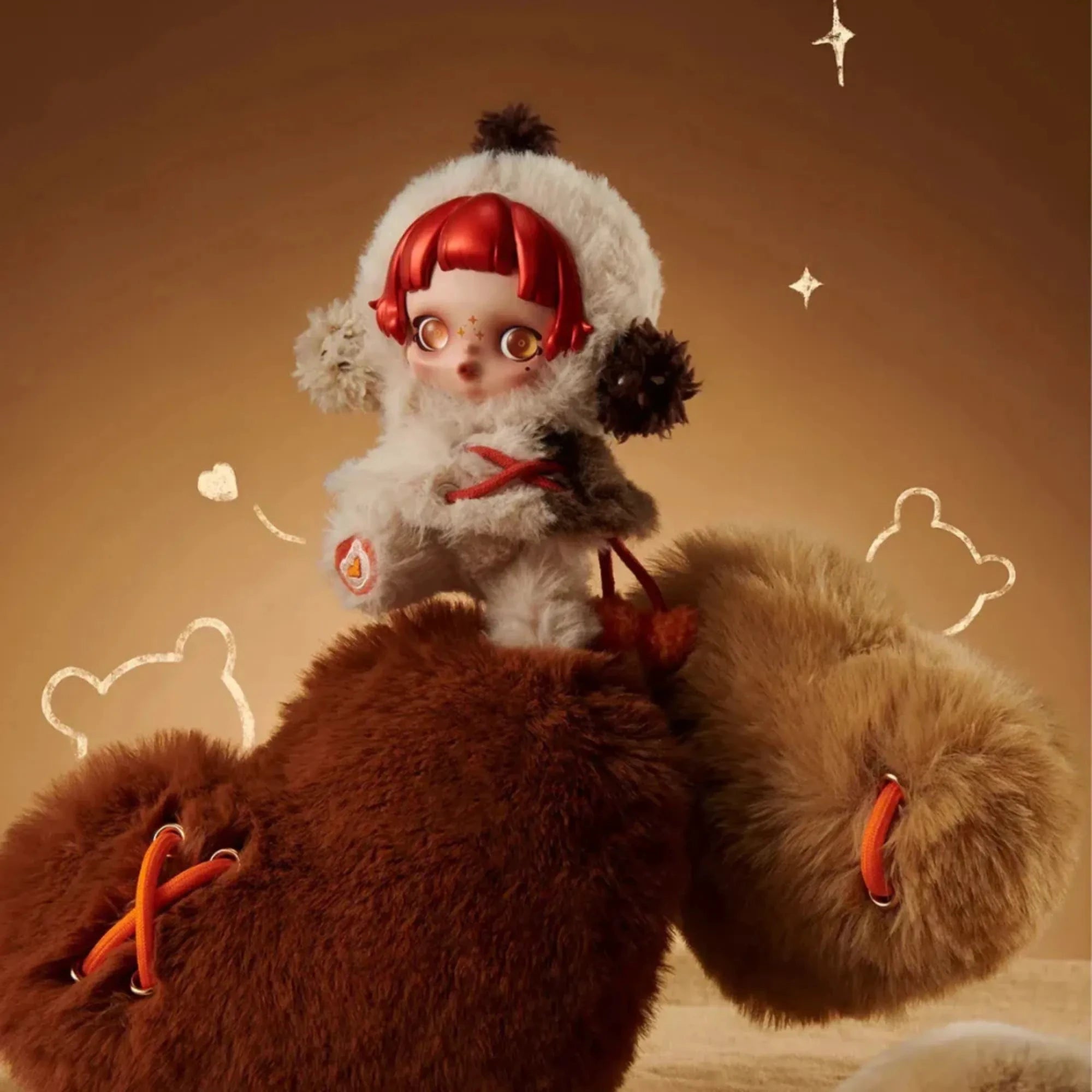 Peluche porte-clés POP MART Skullpanda Winter Symphony, personnage blanc fluffy aux cheveux rouges sur grand animal brun