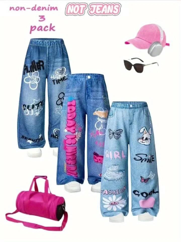 Not Jeans Pantalons Filles Longs Lot de 3 Graffiti Lettres Fleurs