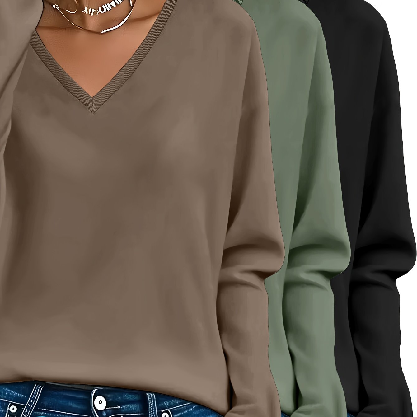 Lot de 3 Pulls Femme Col V Manches Longues 100 Pour Cent Coton Style Casual Élégant by LSDLBoutique.ch