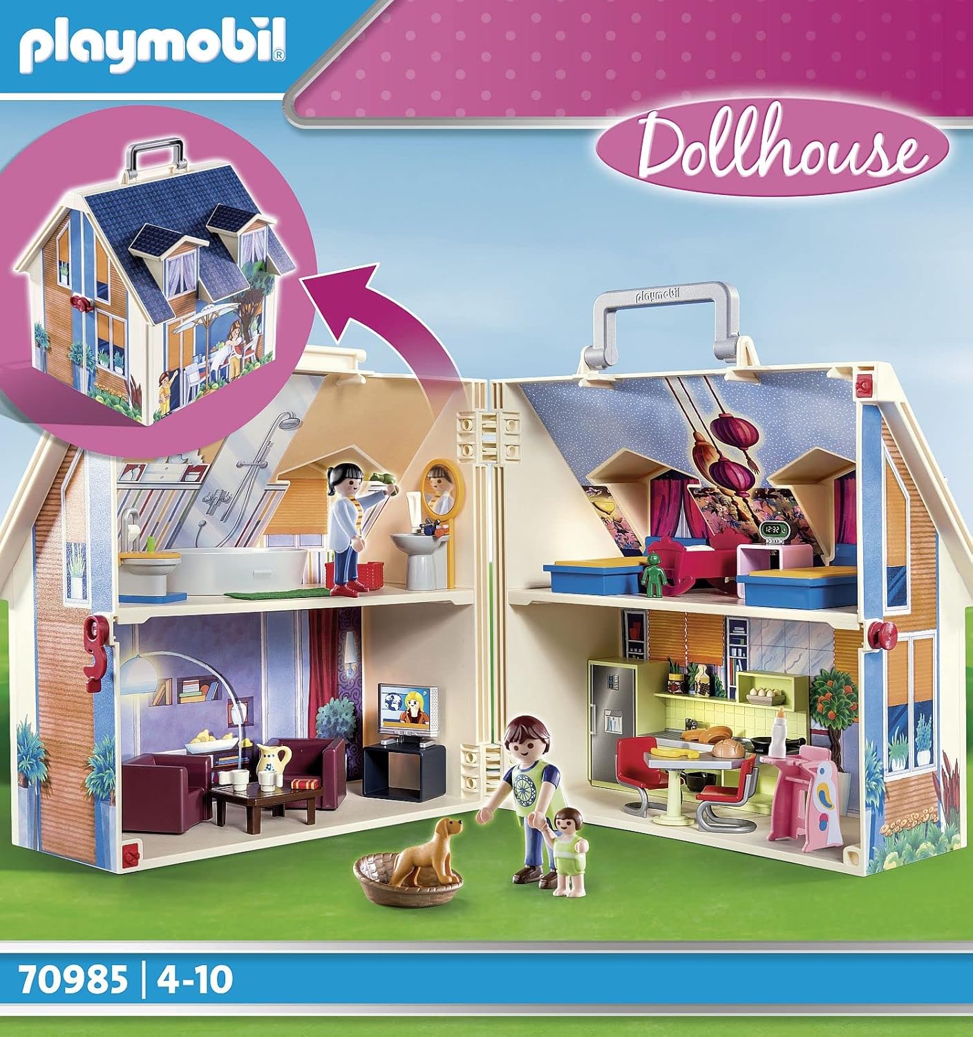 Playmobil 70985 Maison transportable - Dollhouse - avec Trois Personnages, Salle de Bains, Chambre, Salon et Cuisine - Tout équipée - La Maison Traditionnelle - s'ouvre s'emporte Partout - Dès 5 Ans